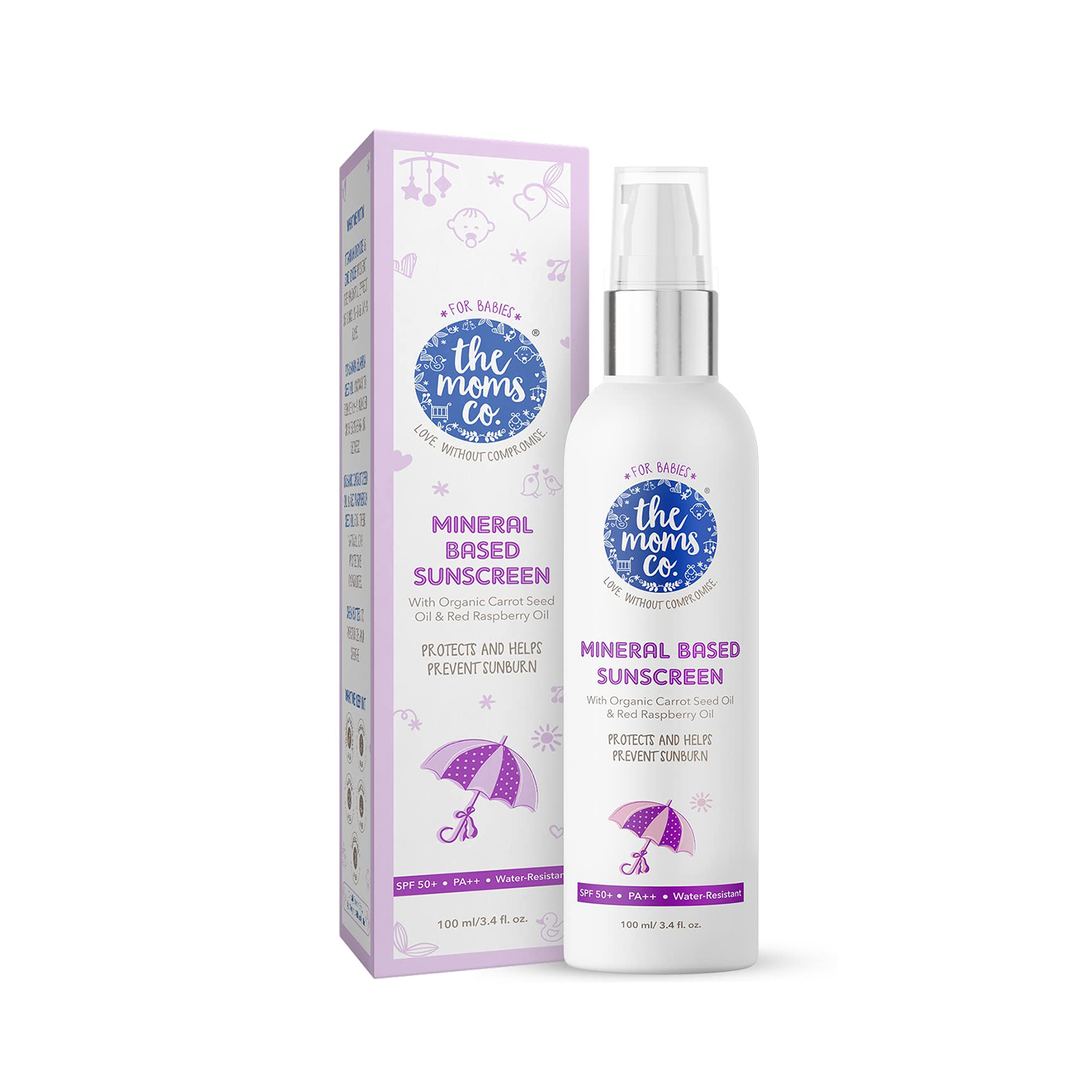 The Moms Co. Waterproof SPF 50+ Natural Mineral Based Baby Sunscreen - for UV-A & UV-B Protection with Pongamia Glabra Seed, Red Raspberry Seed and Organic Carrot Seed Oil - 100ml
