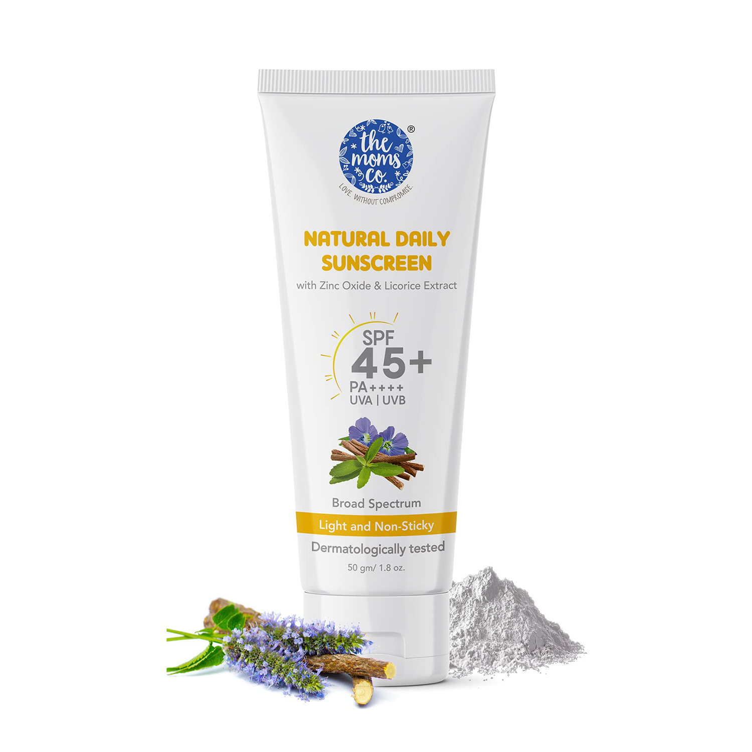 The Moms Co. Mineral Sunscreen for Women & Men with 25% Zinc Oxide | SPF 45+ PA++++ | Non-Greasy | Protection from UVA & UVB | No White Cast | Dermatologically Tested- 50 Gm