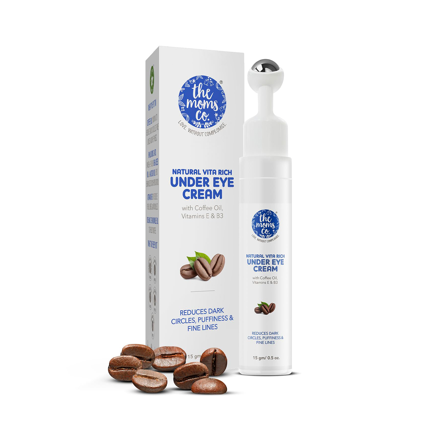 The Moms Co. Natural Vita Rich Under Eye Cream for Dark Circles for Women & Men enriched with Chia Seed Oil, Coffee Oil, Vitamines E & B3 with Cooling Massage Roller to Reduce Dark Circles, Puffiness and Fine Lines