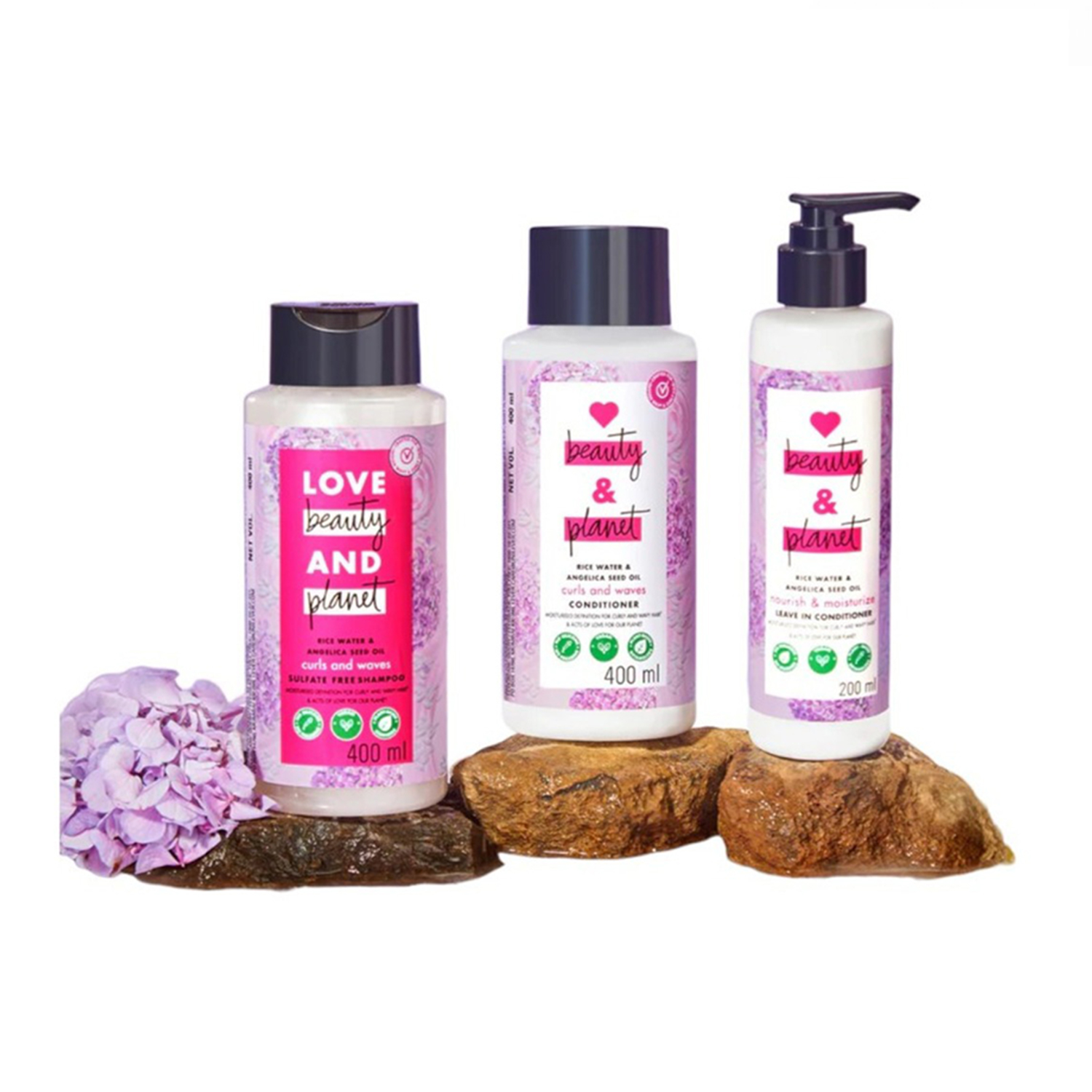 Love Beauty And Planet Rice Water & Angelica Seed Oil Silicone Free Shampoo & Conditioner 400ml, Leave-In Conditioner 200ml 