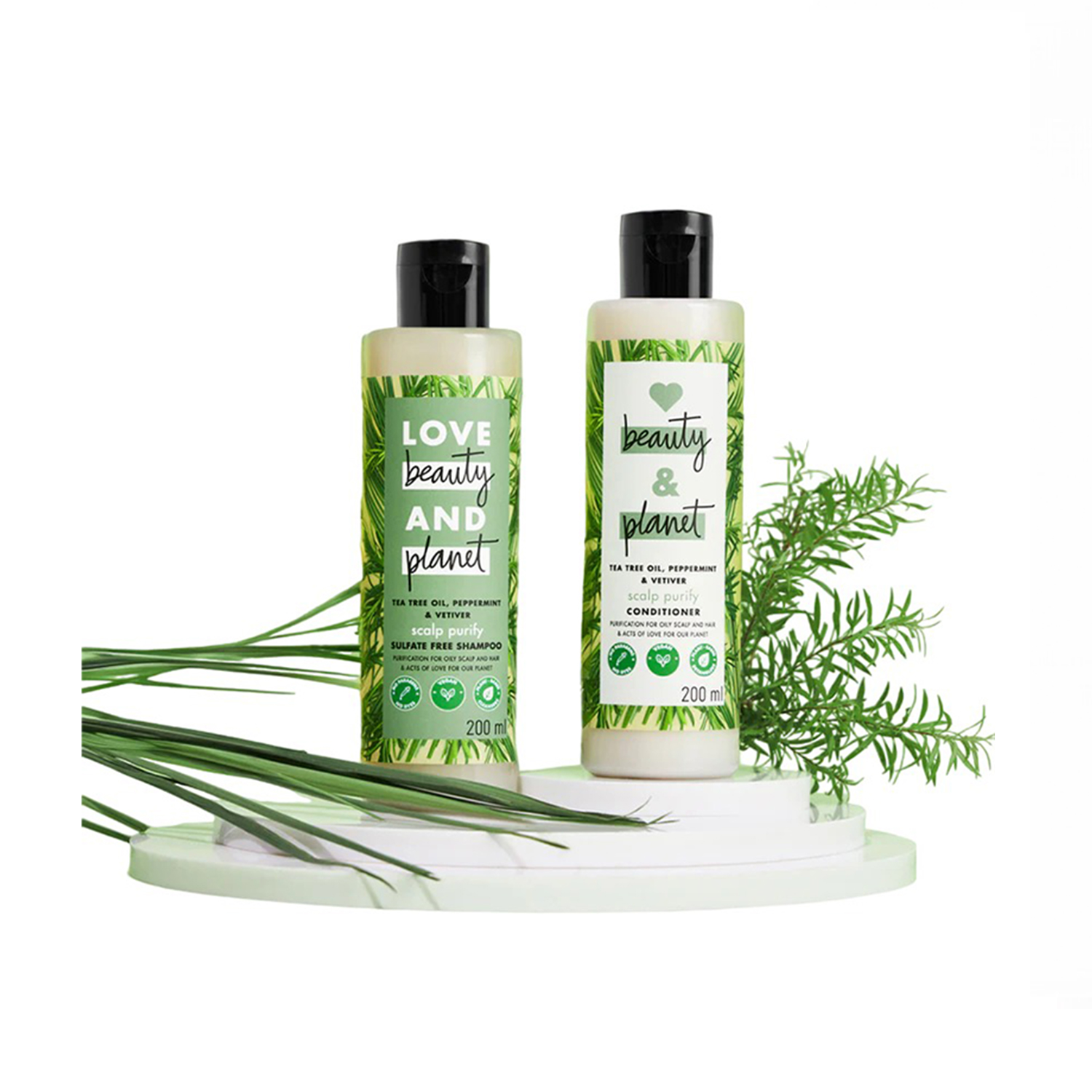 Love Beauty & Planet Tea Tree, Peppermint & Vetiver Sulfate Free Purifying Shampoo & Conditioner, (200ml + 200ml)