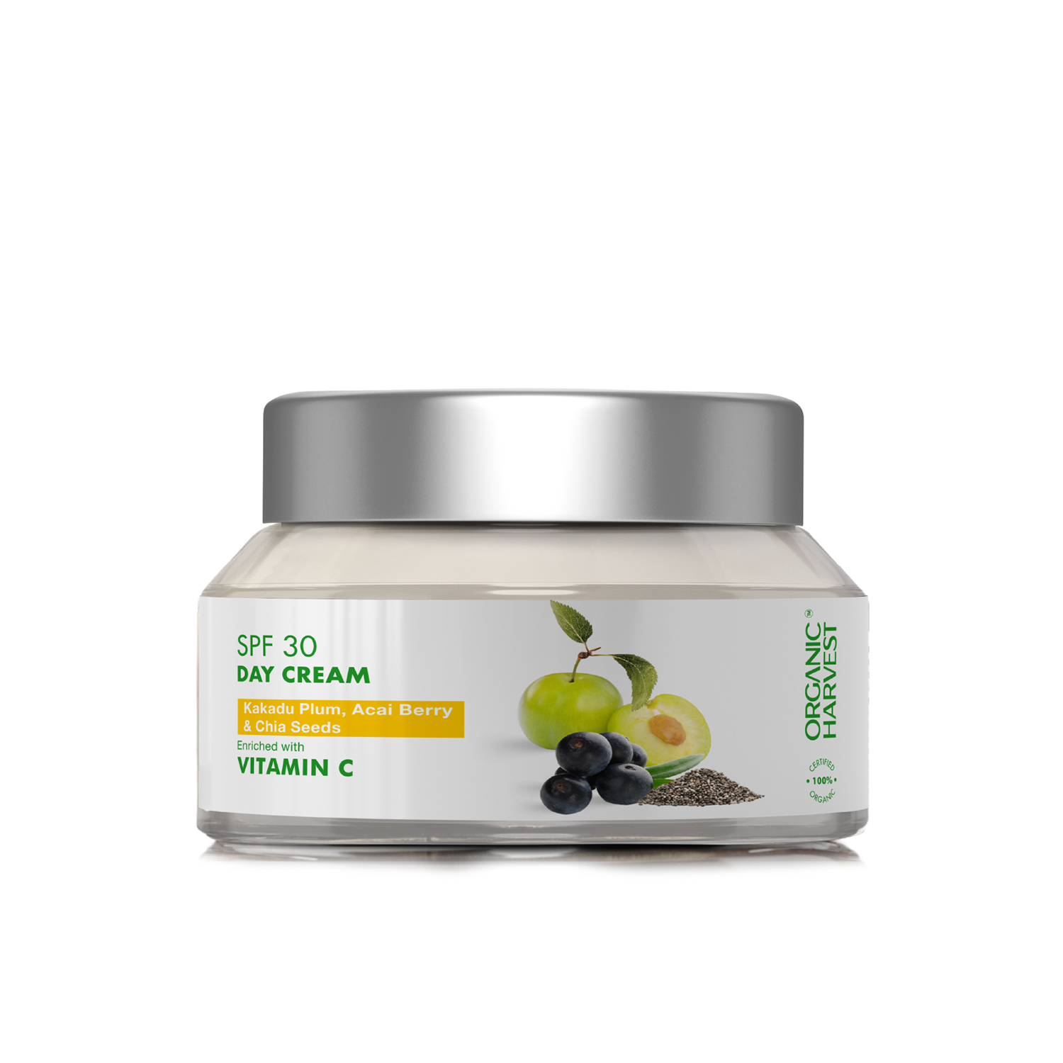 Organic Harvest SPF 30 Day Cream: Kakadu Plum, Acai Berry & Chia Seeds | Daily Use Moisturizing Vitamin C Day Cream | For Men & Women | 100% American Certified Organic | Sulphate & Paraben-free - 50gm