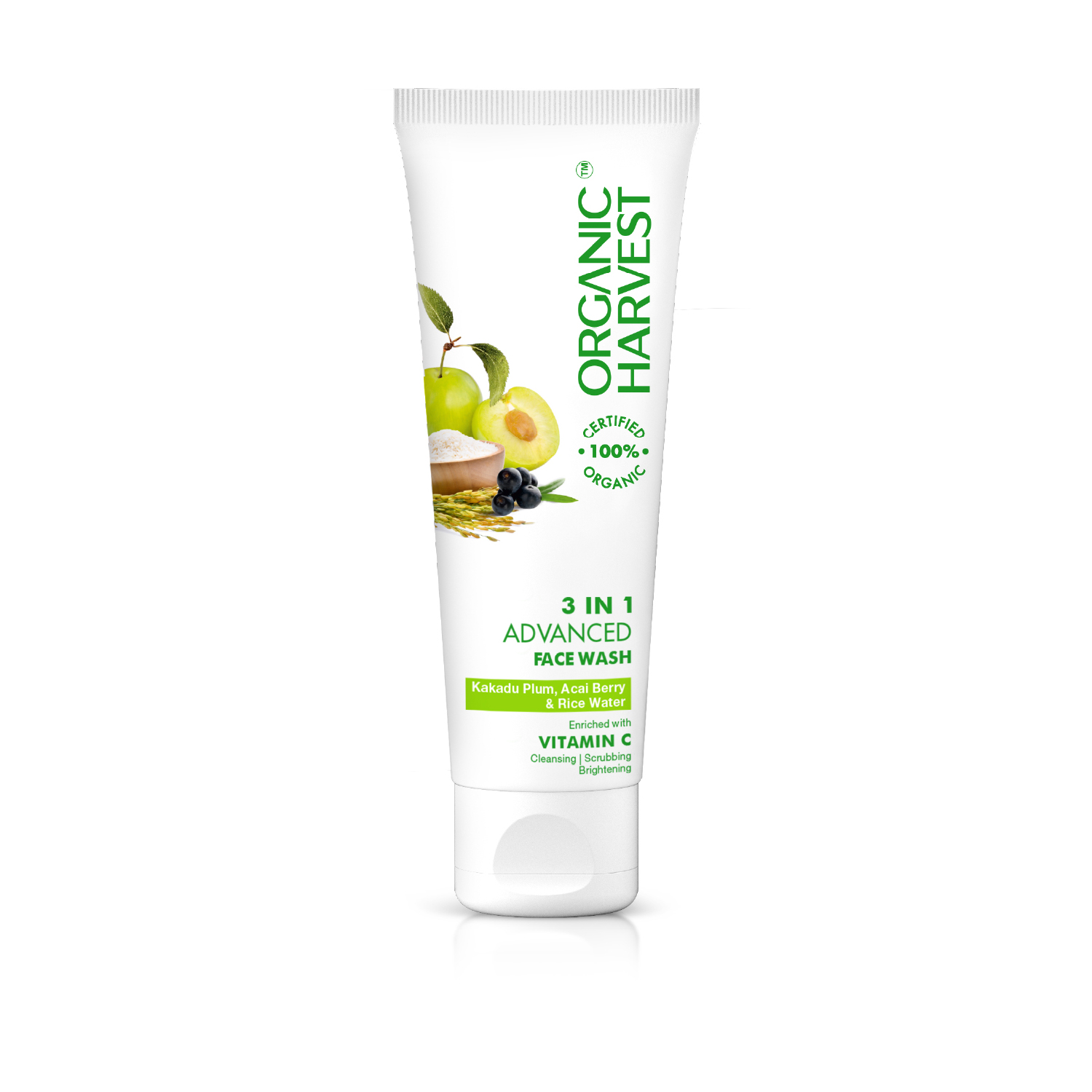 Organic Harvest 3-in-1 Advanced Face Wash: Kakadu Plum, Acai Berry & Rice Water | For Women & Men | Glowing Skin Face Cleanser | 100% American certified organic | Sulphate & Paraben-free 100gm