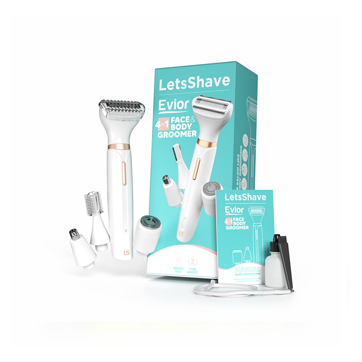 LetsShave Evior 4-in-1 Rechargeable Face & Body Trimmer for Women (with 4 Heads & 6 Functions)