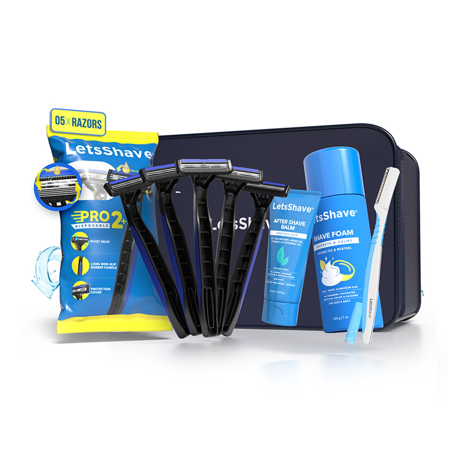 LetsShave Pro 2 Disposable Shaving Kit For Men, Pack of 5 Razors + 1 Pro Styler + 1 Shave Foam 200g + 1 After Shave Balm 30ml & Travel Pouch, Razor for Men, Shave Care, Complete Shaving Set