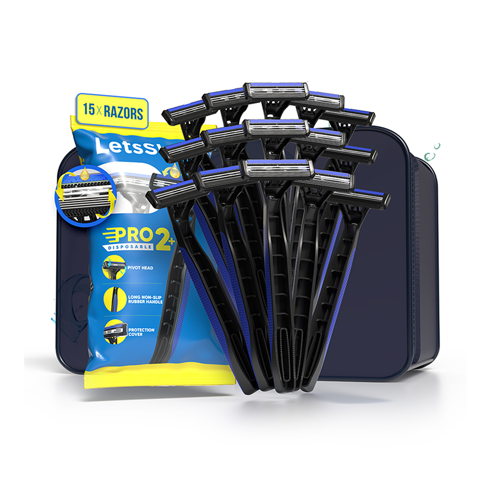 LetsShave Pro 2 Plus Disposable Razor for Men - Pack of 15 + Travel bag