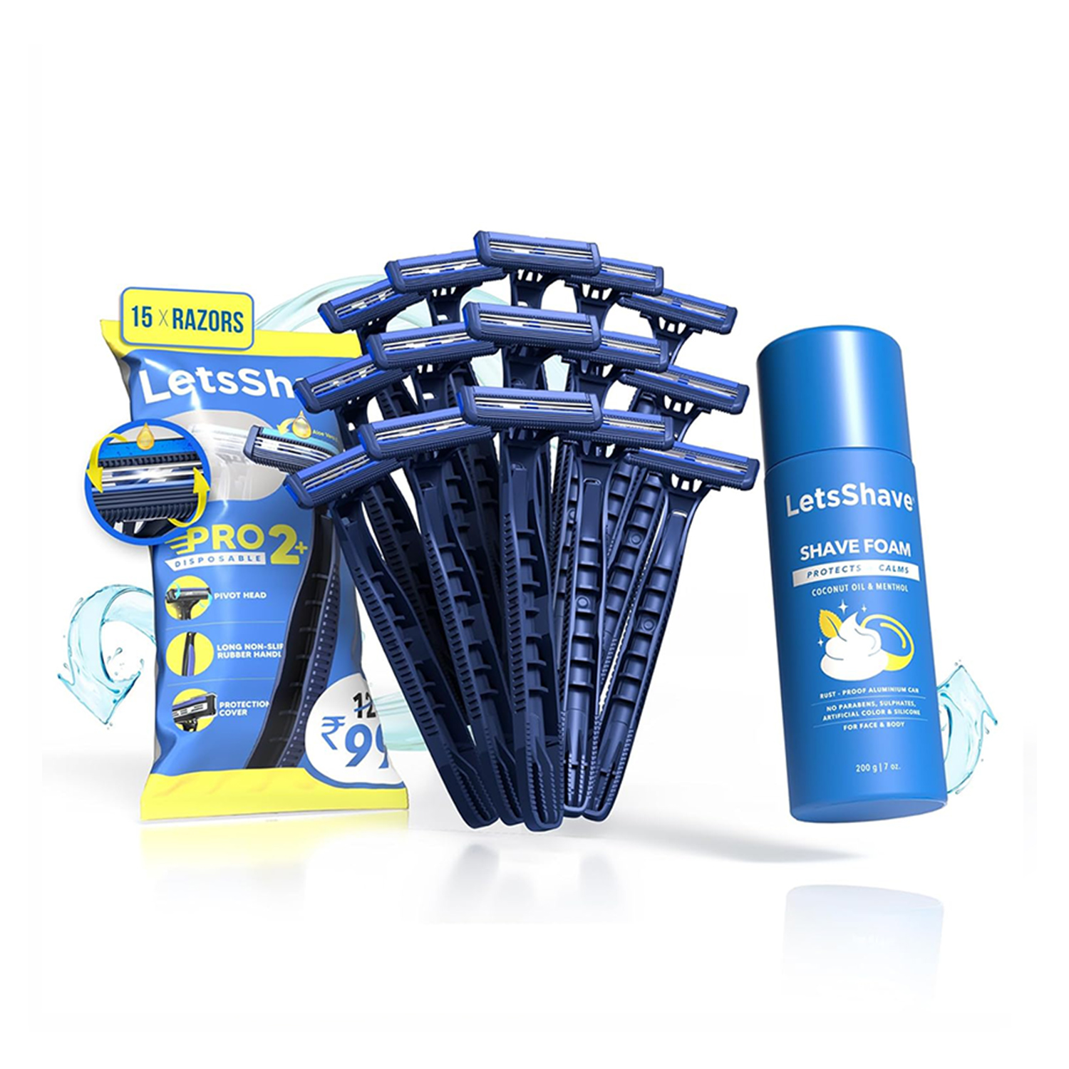 LetsShave Pro 2 Plus Disposable Razor for Men - Pack of 15 + Shave Foam