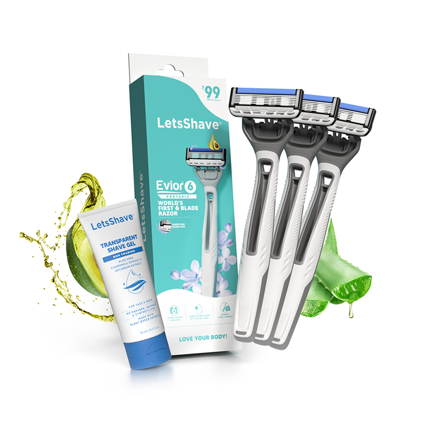 LetsShave Evior 6 Portable Razor for Women (Pack of 3 + Transparent Shave Gel - 15ml)