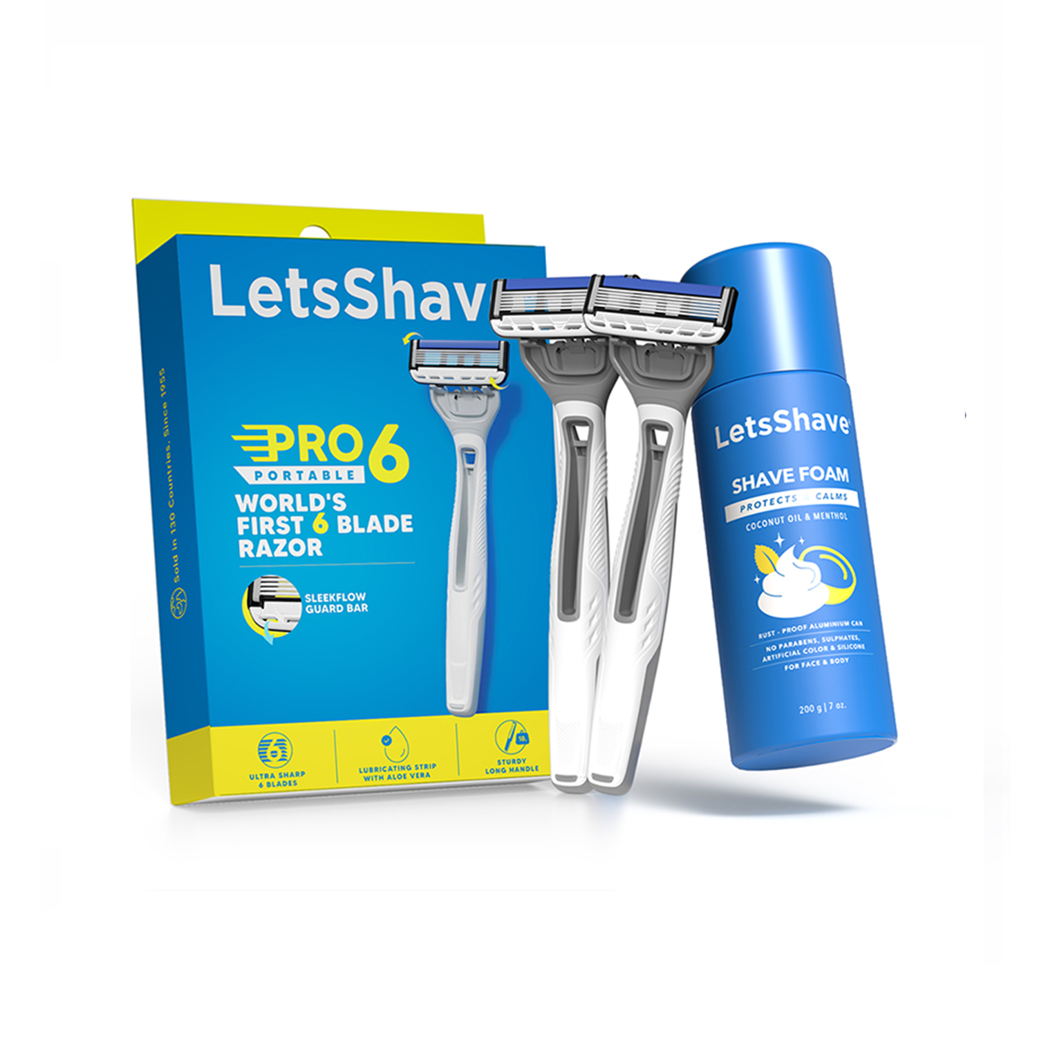 LetsShave Pro 6 Portable Shaving Trial Kit for Men (2 Razors + Shaving Foam - 200g)