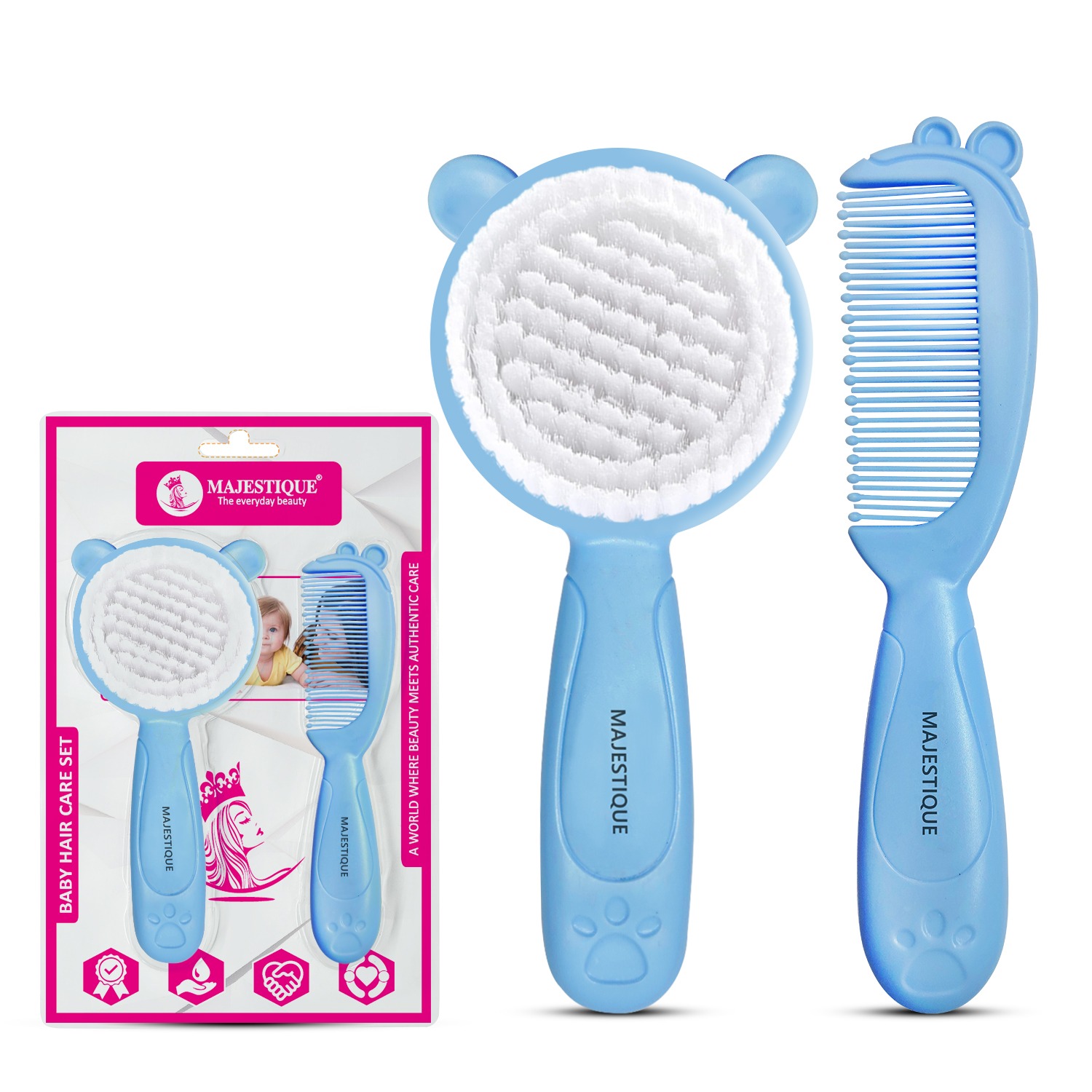Majestique Baby Hair Care Set, Brush & Comb | Soft Bristles, Safe for Newborns to 5 Years | Gentle Scalp Hair Massager | Baby Bathing Products - 2Pcs/Mutlicolour