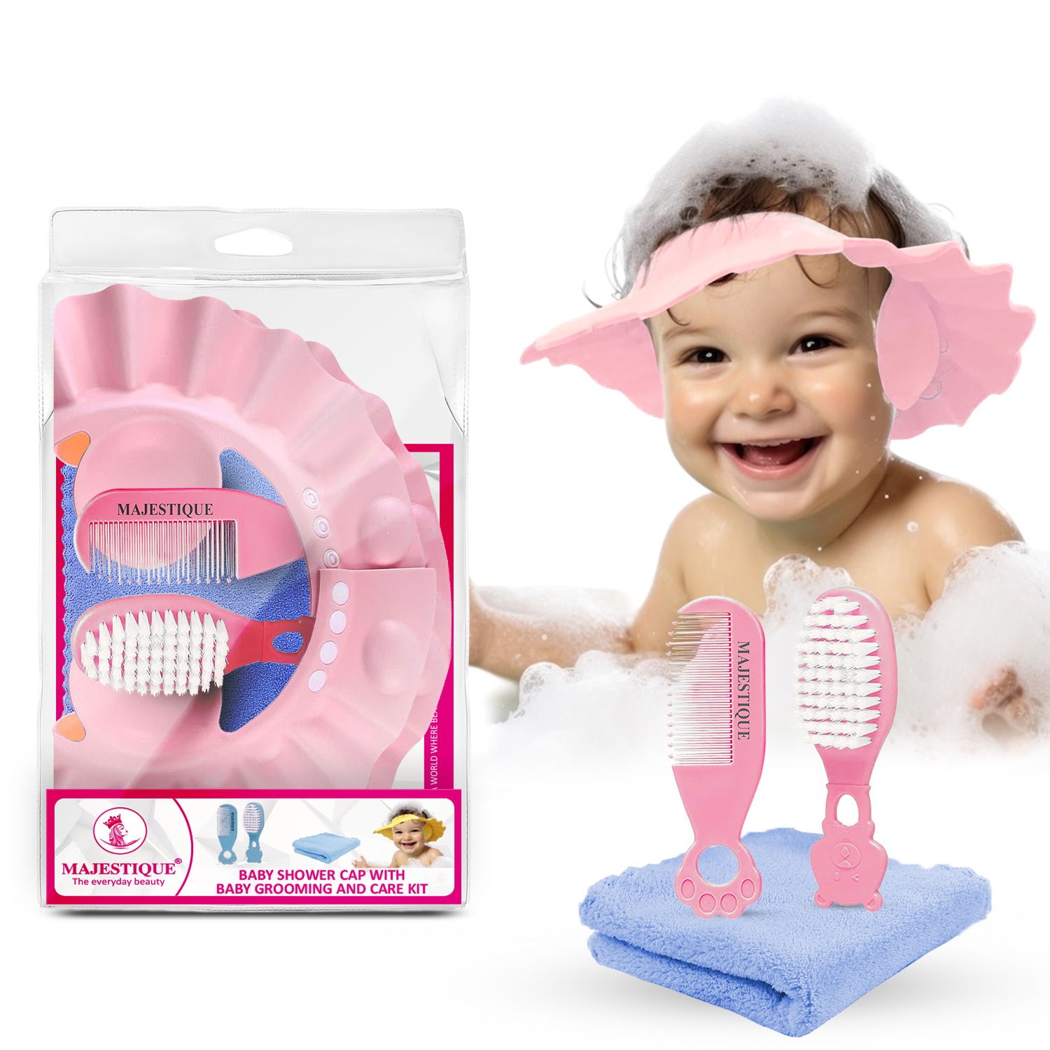 Majestique Baby Shower Cap with Baby Grooming and Care Kit | Massage Scalp Brush Comb and Soft Towel | Baby Bath Accessories | For 0-9 Years Old - 4Pcs/Multicolor