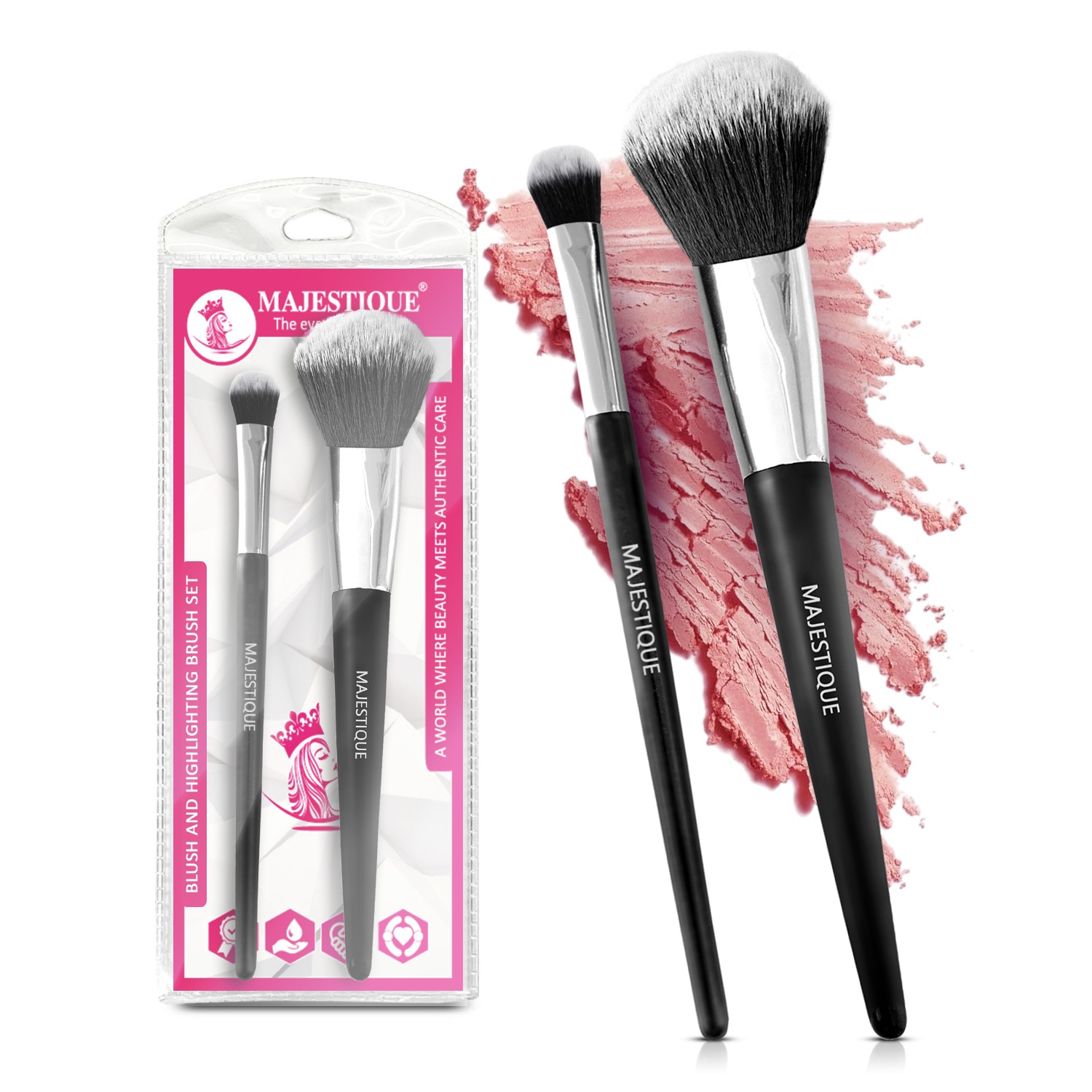 Majestique Blush Brush and Highlighter Brush Set | Foundation Blender Brush | Powder Brush for Face | Beauty Blender Makeup Brush | Perfect for All Makeup Needs - 2Pcs/Black