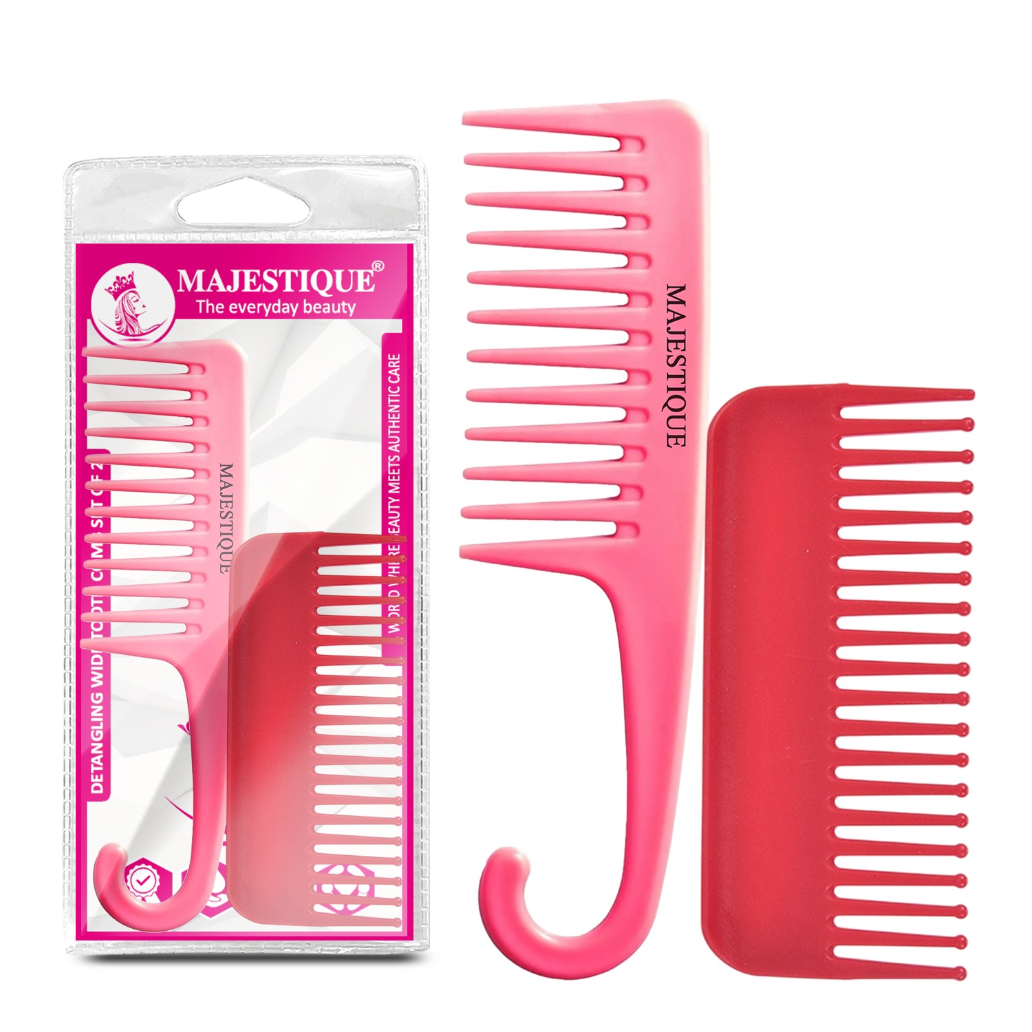 Majestique Detangling Wide Tooth Comb Set of 2, Big Comb for Women Hair, Wide Comb for Wet & Dry Hair, Tangle-Free Hair Grooming & Styling - Multicolour