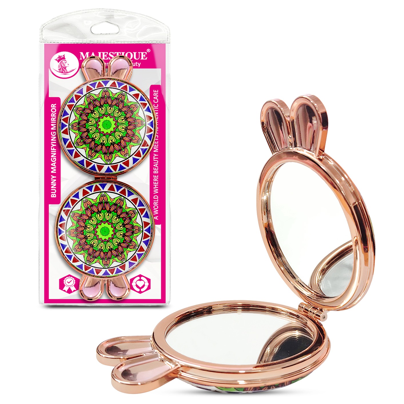 Majestique Double-Sided Folding Mirror Makeup with Bunny Ear Handle | Compact Mirror for Girls | Small Portable Mirror for Purse | 1X/2X Magnification Face Mirror for Women - 1Pc/Multicolour