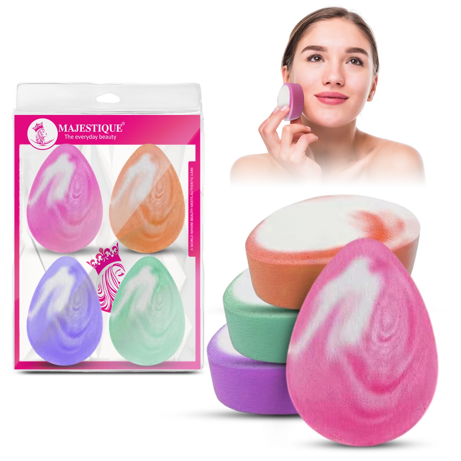 Majestique Drop Shape Beauty Blender Set, Makeup Sponges for Blending Foundation, Concealer & Contouring, Soft, Compact, Perfect for All Skin Types - 4Pcs/Multicolour 