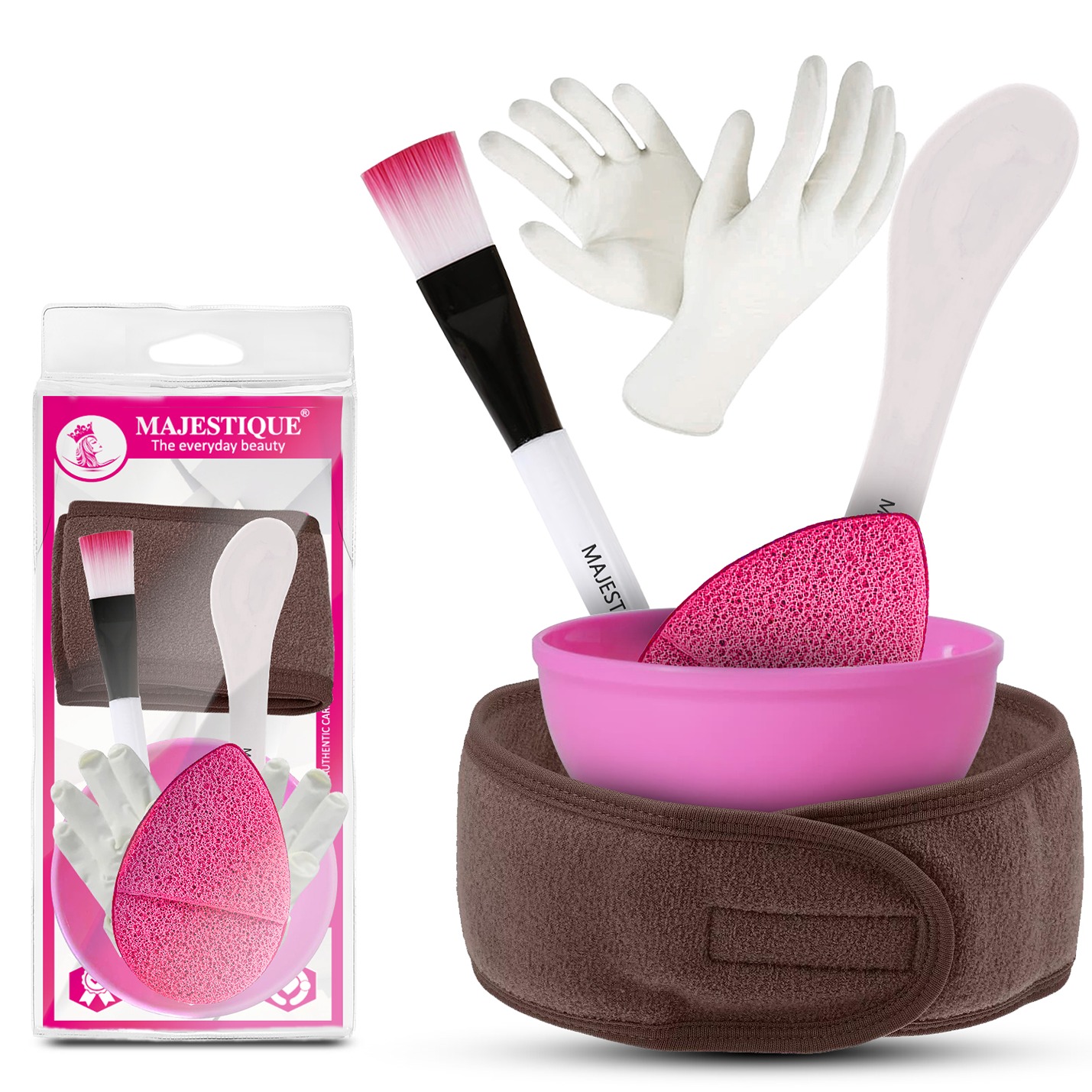 Majestique Face Pack Applicator Kit, 6-in-1 Set with Face Pack Brush, Mixing Bowl, Spatula, Facial Hair Band, Gloves & Face Scrubber, Perfect for Applying Face Masks - 6Pcs/Multicolour