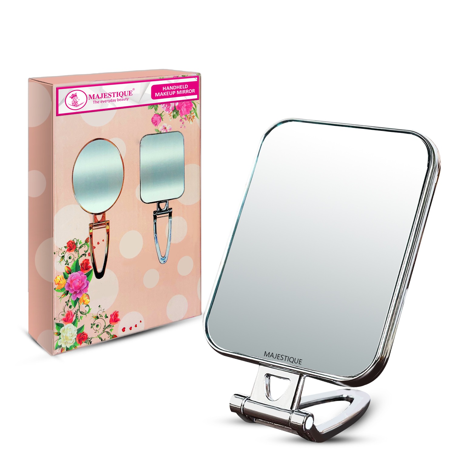 Majestique Handheld Makeup Mirror, Foldable Desk Mirror with Stand, 270° Rotating, Ideal for Purse, Bathroom, and Bedroom - 1Pc/Multicolour