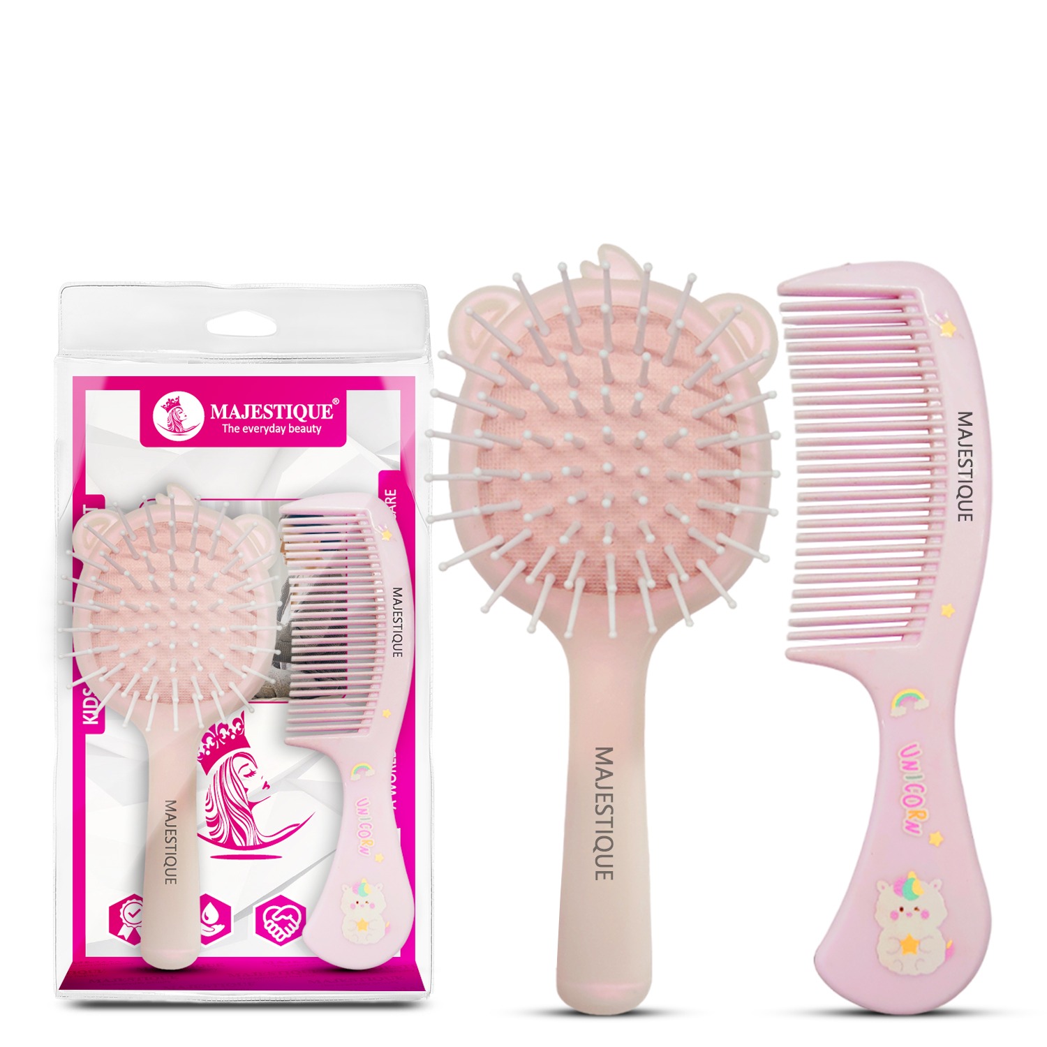 Majestique Kids Hair Grooming Set | Soft Scalp Massage Detangling Brush and Comb | Gentle on Kids' Hair, Reduces Knots, and Prevents Frizz | Perfect for Babies and Toddlers - 2Pcs/Multicolor