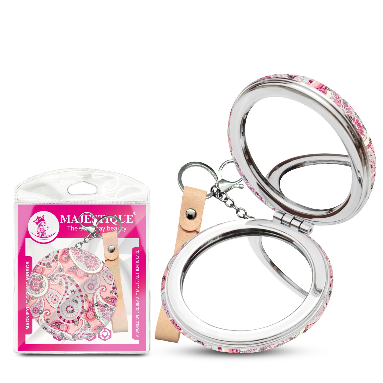 Majestique Magnifying Round Mirror with Key Chain, Double-Sided Foldable Pocket Mirror for Makeup with 1X & 2X Magnifying Mirrors - 1Pc/Multicolour