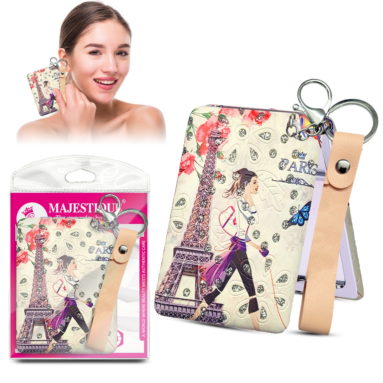 Majestique Magnifying Square Mirror with Key Chain, Double-Sided Foldable Pocket Mirror for Makeup with 1X & 2X Magnifying Mirrors, Perfect for Women & Girls - 1Pc/Multicolour