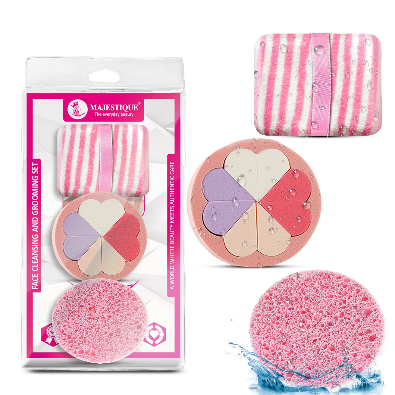 Majestique Makeup and Cleansing Set, Tiny Puff Sponges, Facial Cleansing Pads, Makeup Remover Sponge, Perfect for All Skin Types - Pack of 3/Multicolor
