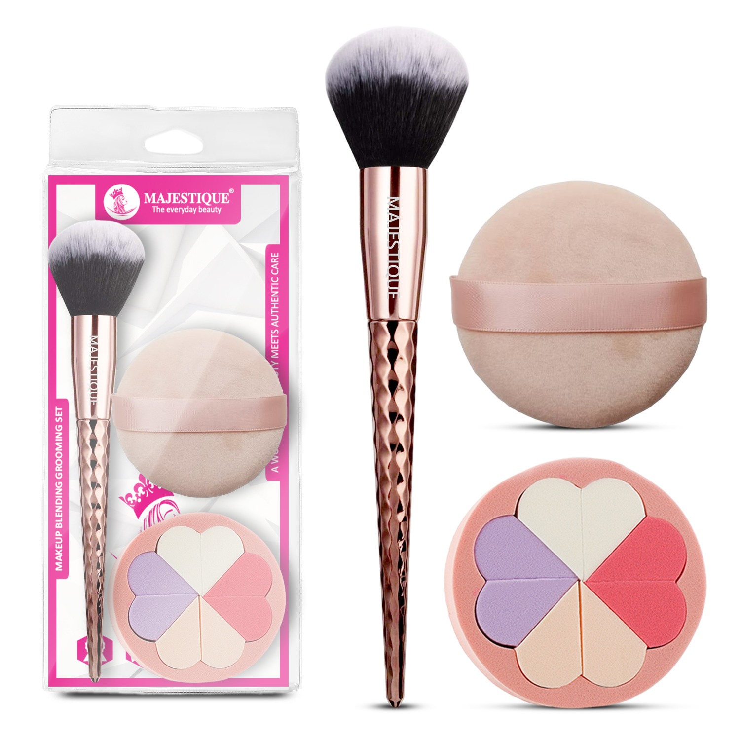 Majestique Makeup Blending Grooming Set, Foundation Blender Brush, Powder Puff, Pizza Sponge Pad with 8 Mini Sponges, Perfect Makeup Accessories for Women - Pack of 3/Multicolour