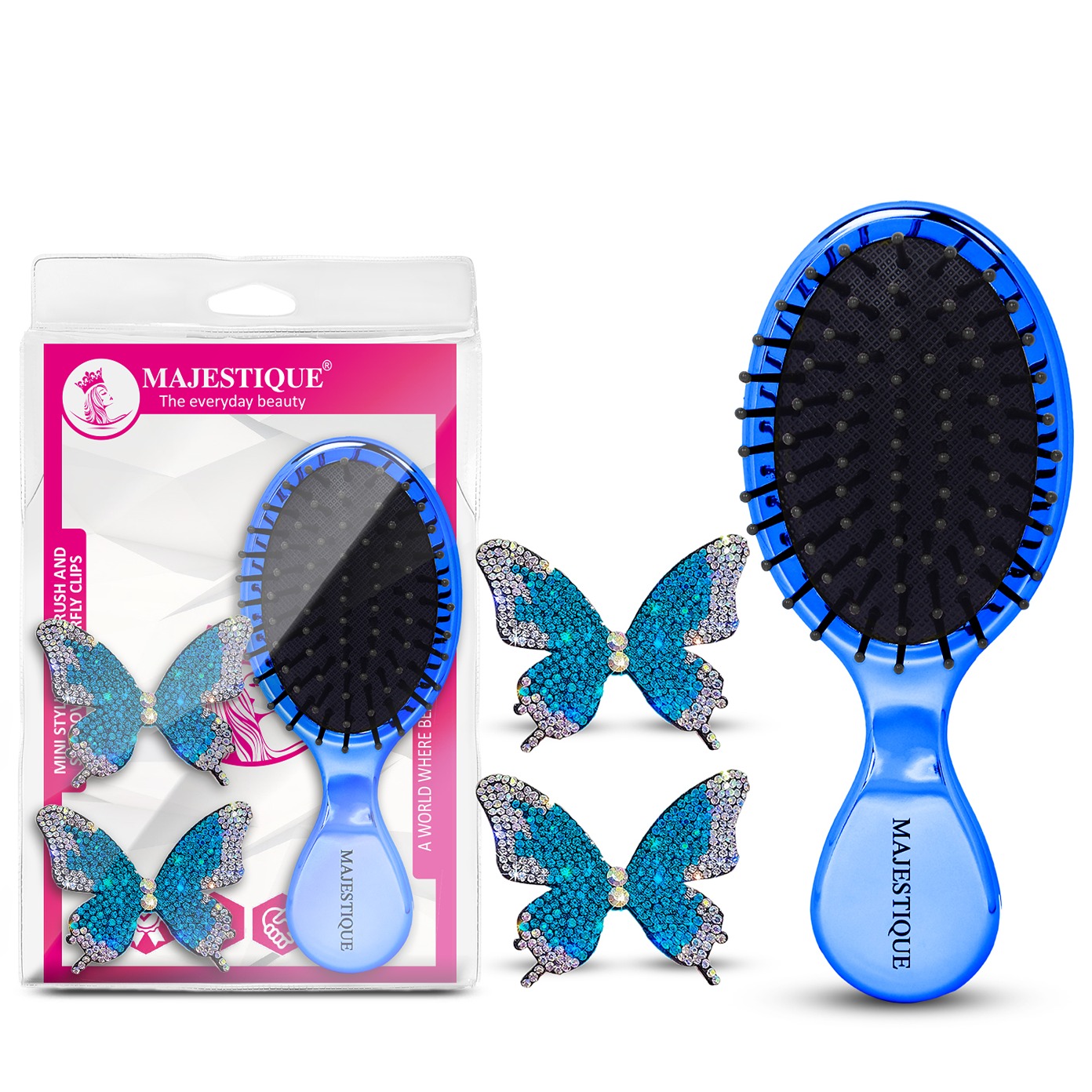 Majestique Mini Styling Hair Brush and Swarovski Butterfly Clips | Effortless Detangling, Stylish Hold | Ideal for Everyday or Special Occasions - 3Pcs/Multicolor