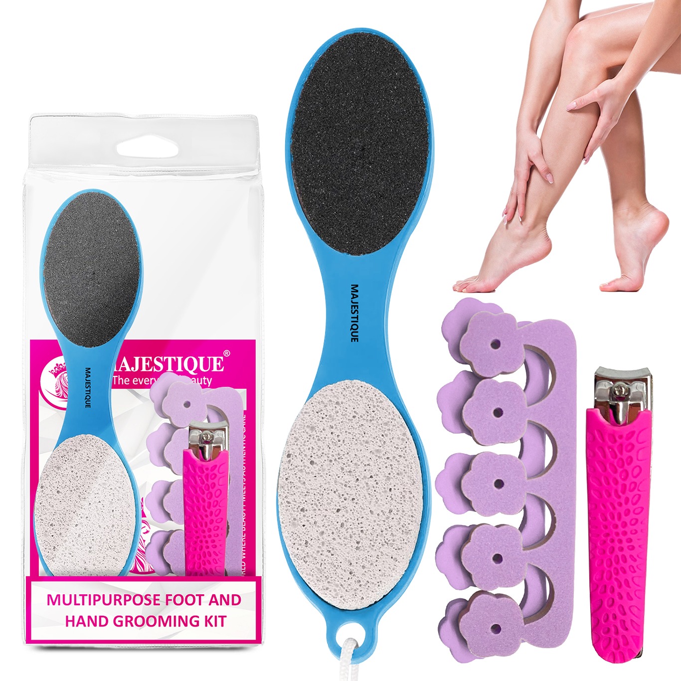 Majestique Multipurpose Foot and Hand Grooming Kit | 4 in 1 Foot Scrub Tool | Nail Cutter for Thick Nails | Foot Finger Separator | Foot File Scrubber - 3Pcs/Multicolour