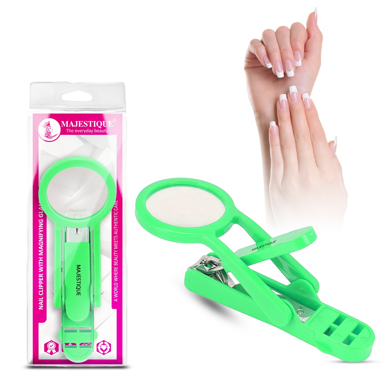 Majestique Nail Clipper with Magnifying Glass | Sharp Smooth Edge Nail Trimmer | Strong Built Stainless Steel Nails Cutter | For Fingernail and Toenail  - 1Pc/Multicolor