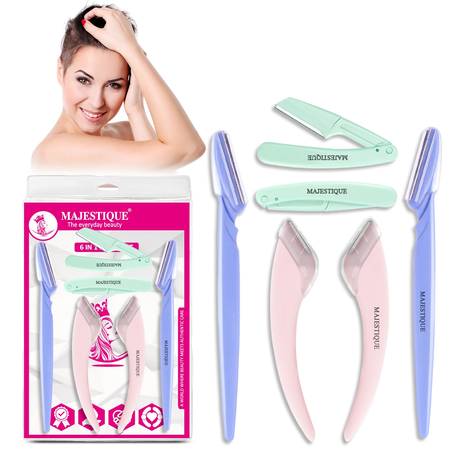 Majestique 6-in-1 Facial Razor Set,  Precision Blades for Women, Safe & Painless Eyebrow, Upper Lip & Face Razor, Stainless Steel Razors for Smooth Hair Removal - 6Pcs/Multicolour