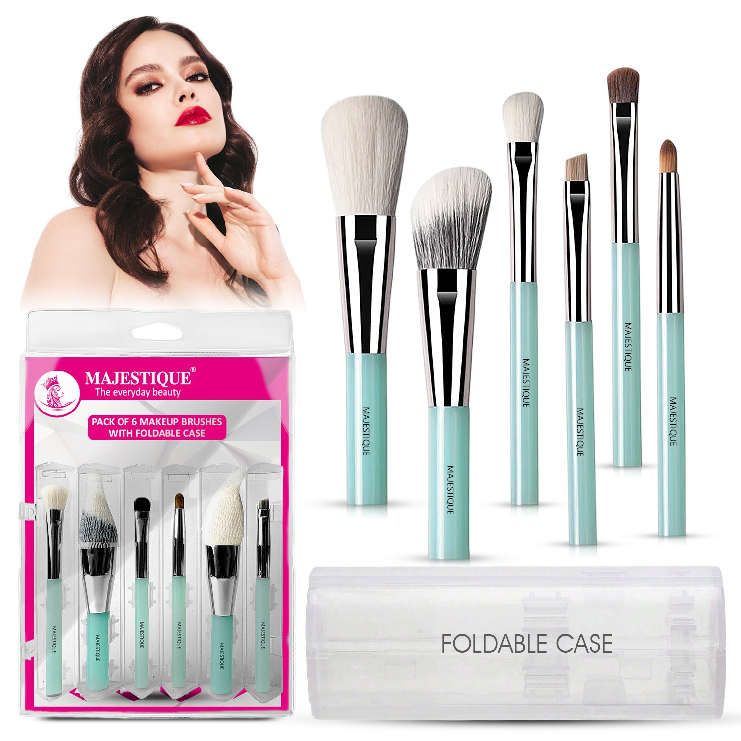 Majestique 6-Piece Makeup Brush Set with Foldable Case, Soft Synthetic Bristles, Includes Foundation, Blush, Contour, Eye Shadow, Eyebrow & Lip Brushes - 6Pcs/Multicolour
