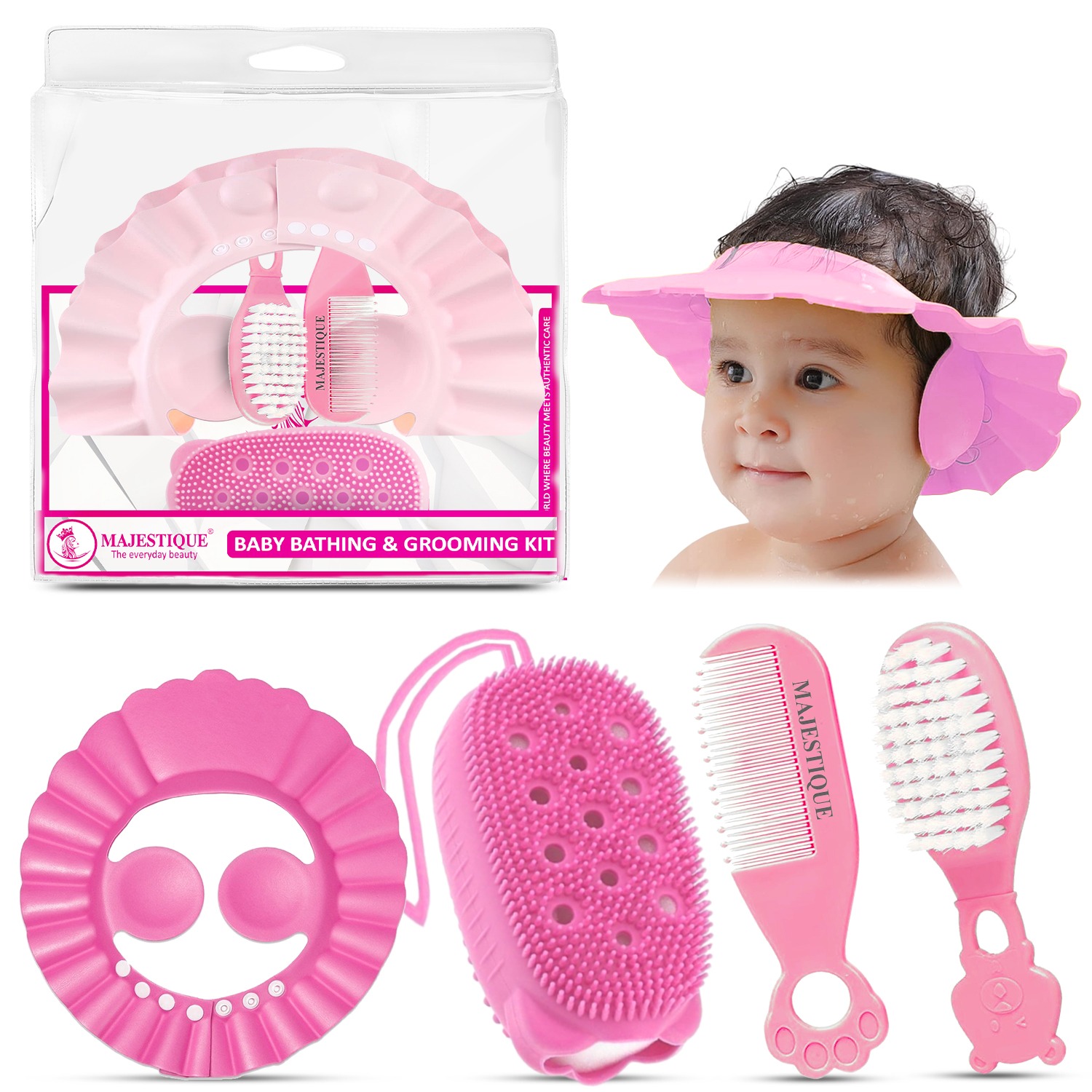 Majestique Baby Bathing & Grooming Kit, Soft Hair Brush, Comb, Bathing Cap, Sponge Scrubber, Essentials for Newborns to 5 Years, Baby Bath Accessories - 4Pcs/Multicolour