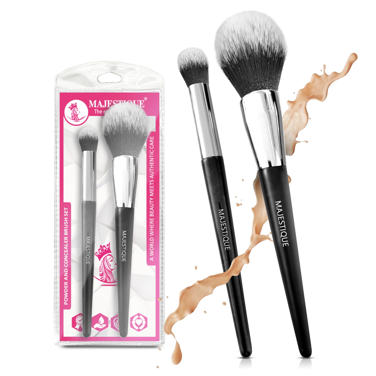 Majestique Powder and Concealer Brush Set | Compact Powder Brush, Concealer Blending Brush | Soft and Fluffy Bristles | Perfect for Flawless Makeup - 2Pcs/Black