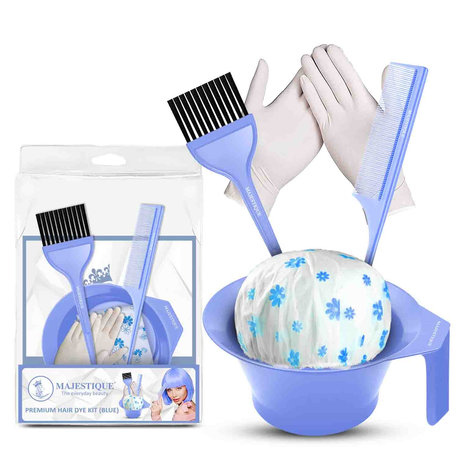 Majestique Premium Hair Dye Kit, Perfect for Hair Dyeing & Mehandi, Professional Hair Colouring Kit for Men & Women, Long Dye Brush, Bowl, Comb, Gloves & Washable Cap - 5 Pcs (Blue)
