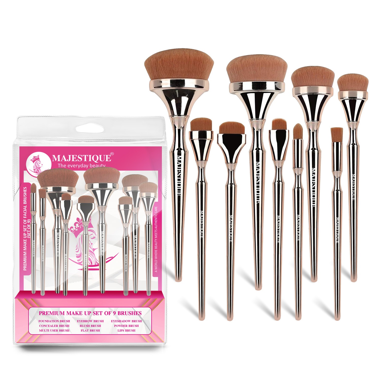 Majestique Premium Makeup Brush Set | Rose Gold Chrome Plating Synthetic Beauty Brush | Foundation Blender Brush, Eye Makeup Brush Set | Luminous HD Compact Brush - Pack of 9