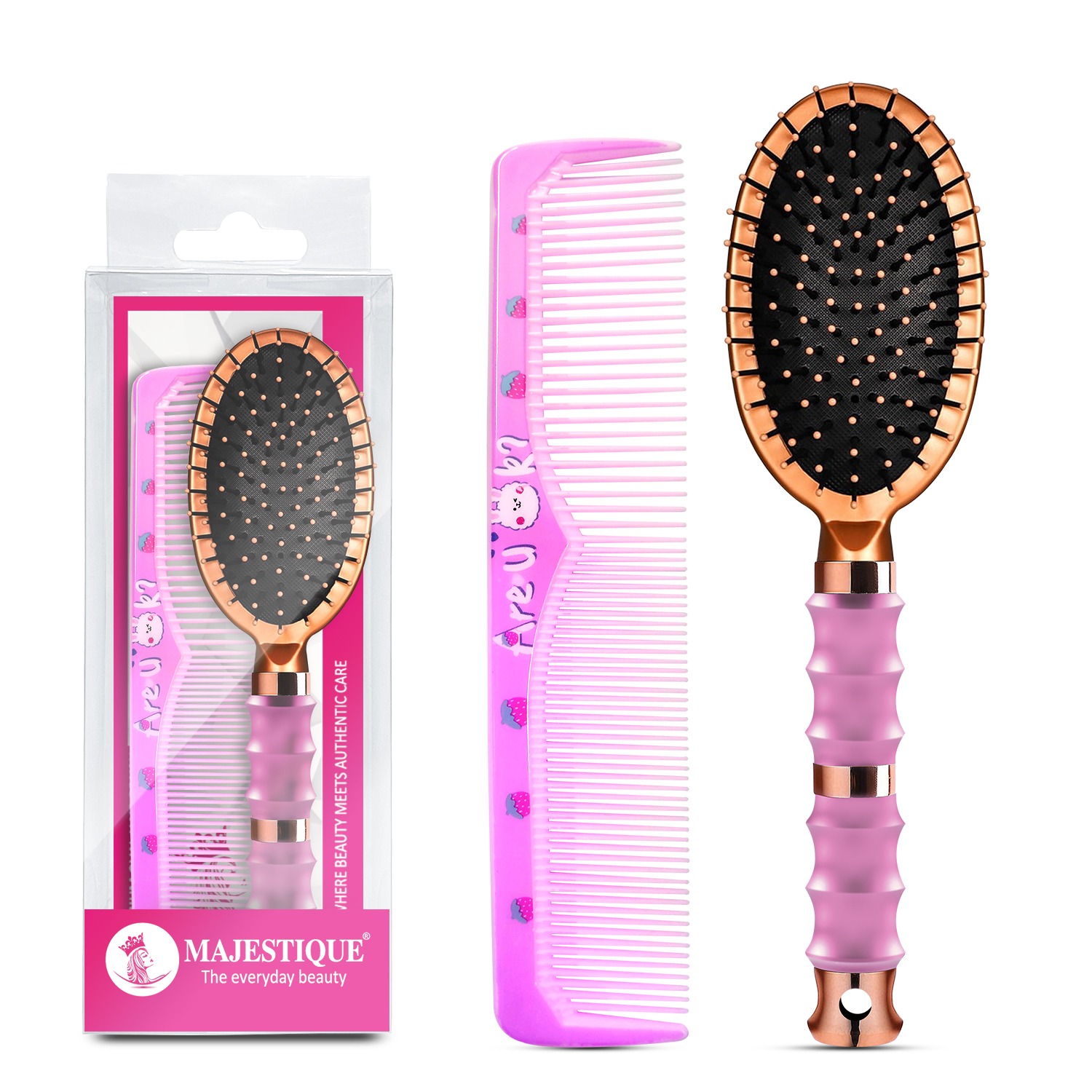 Majestique Premium Oval Hair Brush with Comb | Perfect Detangling Combo for Women & Men | Smoothens, Prevents Hair Fall | Suitable for All Hair Types - 2Pcs 