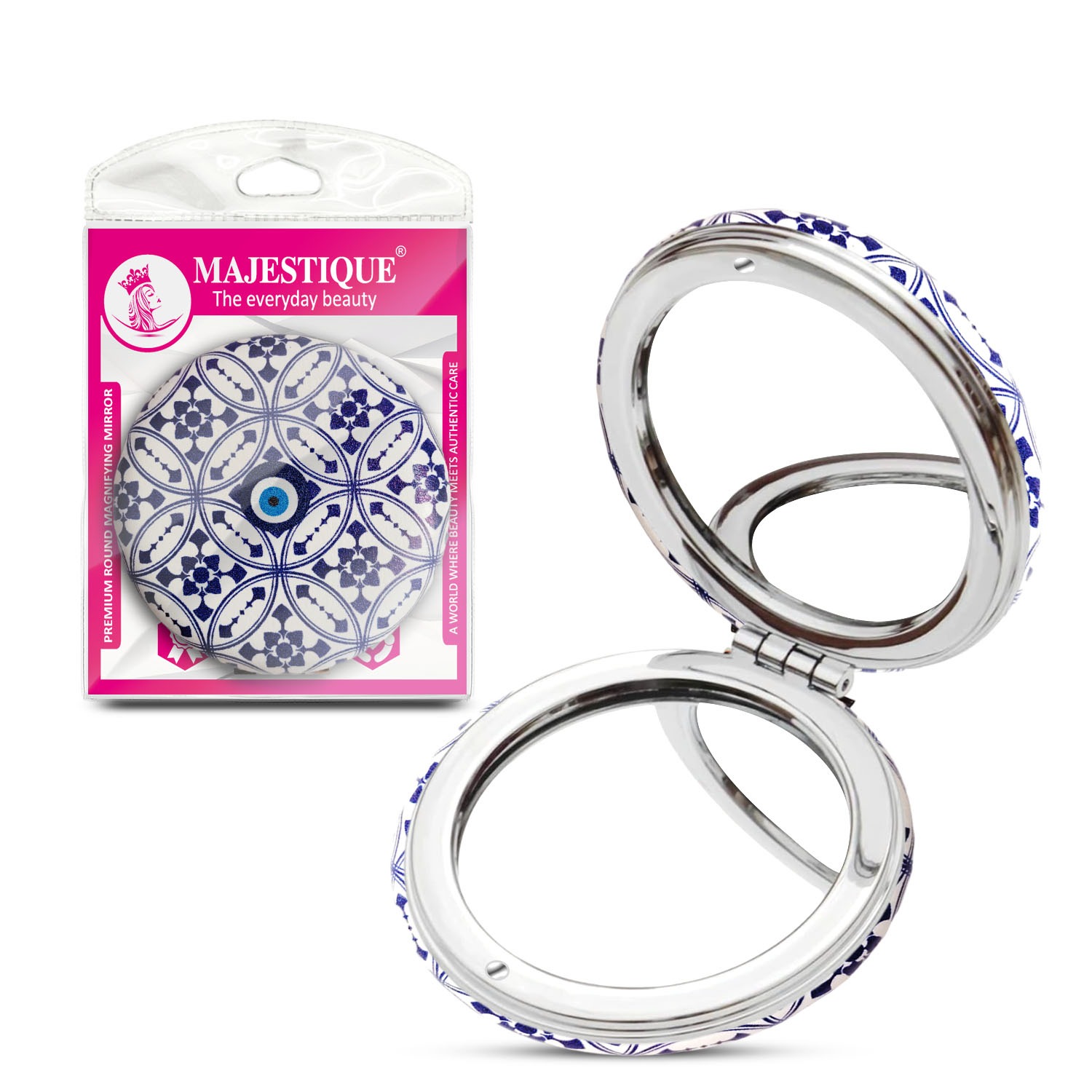 Majestique Premium Round Magnifying Mirror 1X/2X | Double-Sided Folding Mirror | Portable Hand Mirror for Women | Small Mirror for Purse | Compact Pocket Mirror - 1Pc/Multicolour