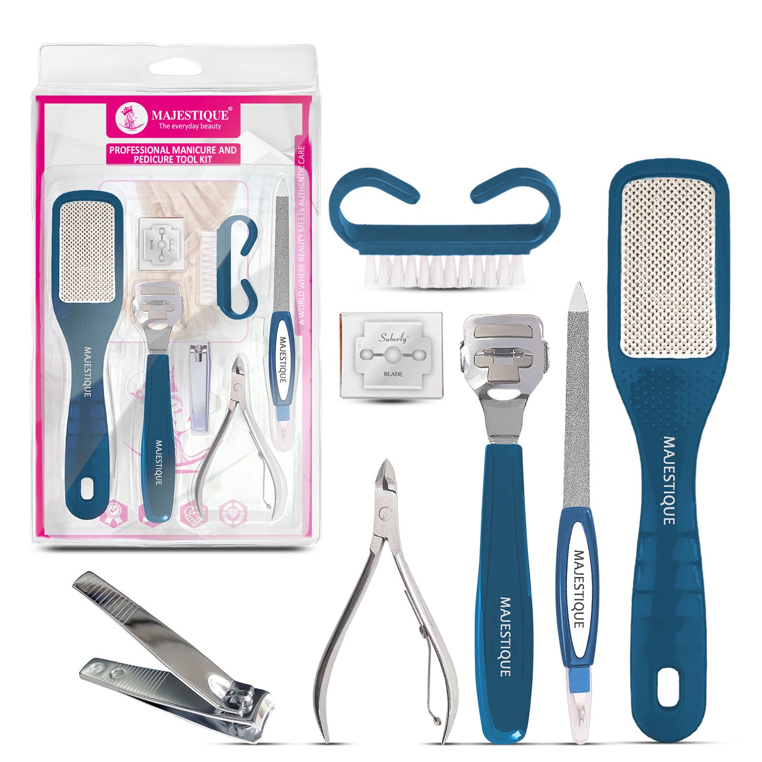 Majestique Professional Manicure and Pedicure Tools Kit | 7-Piece Set for Smooth, Beautiful Feet | Ideal for Personal and Professional Use - 7Pcs/Multicolor