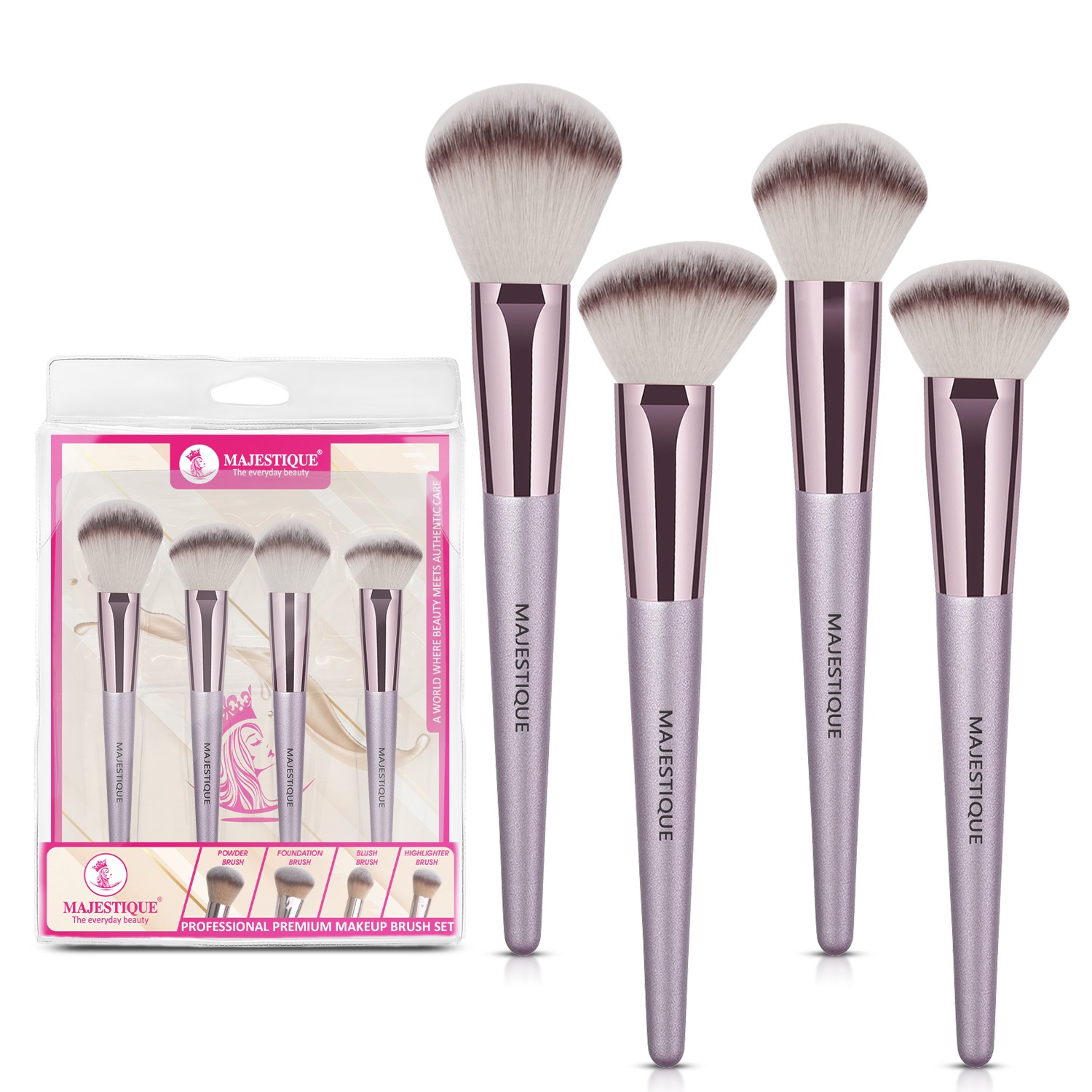 Majestique Professional Premium Makeup Brush Set | Powder, Foundation, Blush, and Highlighter Brush, Ergonomically Designed, Skin-Friendly, Perfect for All Uses - 4Pcs/Rose Gold
