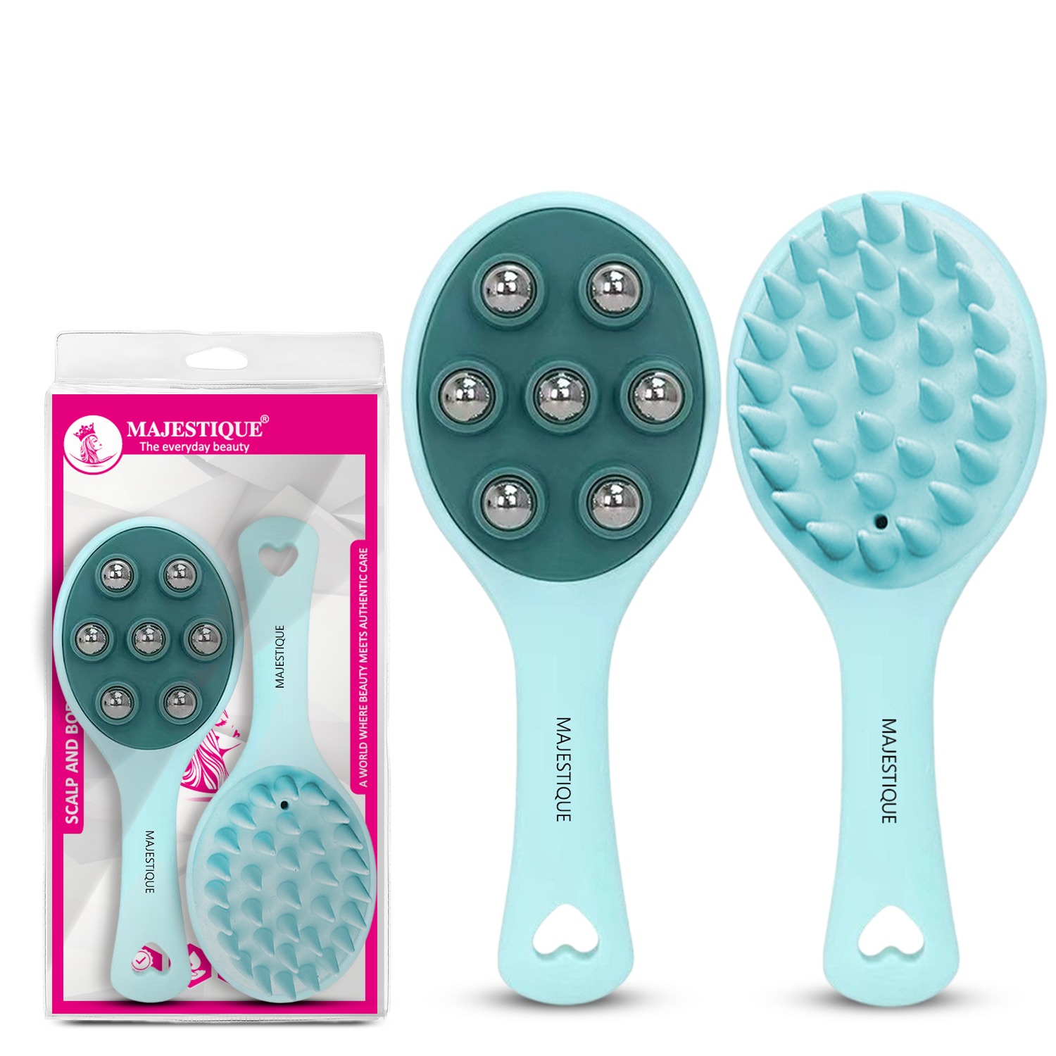 Majestique Scalp & Body Massager, Shampoo Scalp Massager & 7-Bead Roller Ball Massager for Hair Growth, Dandruff Removal, Muscle Relaxation & Full-Body Stress Relief - 2Pcs/Multicolour