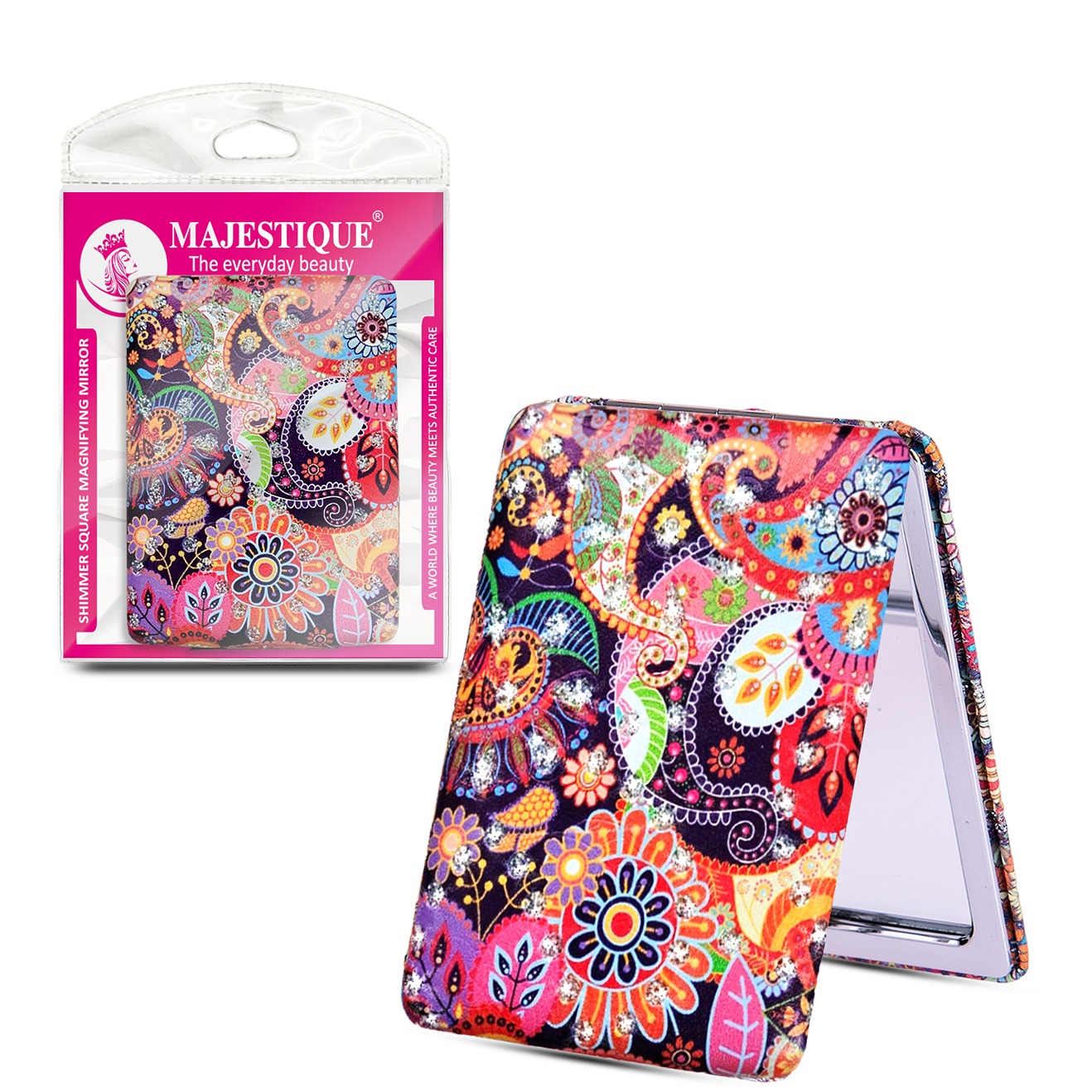 Majestique Shimmer Square Magnifying Mirror | Compact Double-Sided 1X/2X Mirror for Makeup | Portable Folding Mirror for Women | Pocket Mirror Ideal for Purse - 1Pc/Multicolour