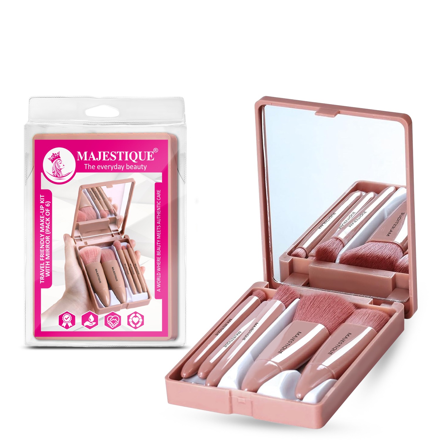 Majestique Travel Friendly Make-Up Kit with Mirror |Synthetic Ultra-soft Bristle for All Skin Types | Includes Compact Mirror and Storage Box  - 6Pcs/Multicolor
