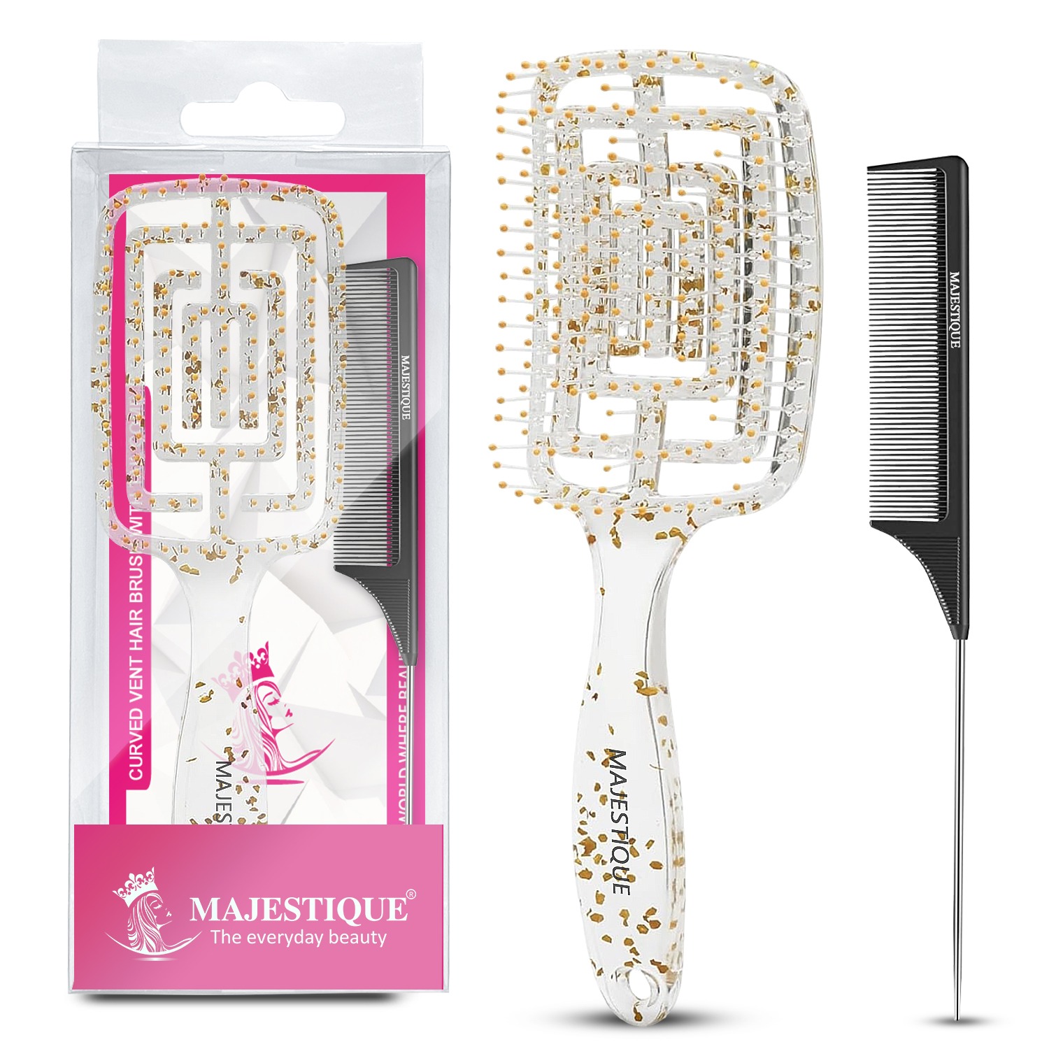 Majestique Vent Styling Hair Brush with Tail Comb | Unique Paddle Design with Transparent Body & Glitter | Perfect for Detangling, Blow-Drying, & Styling All Hair Types - 2Pcs/Multicolour