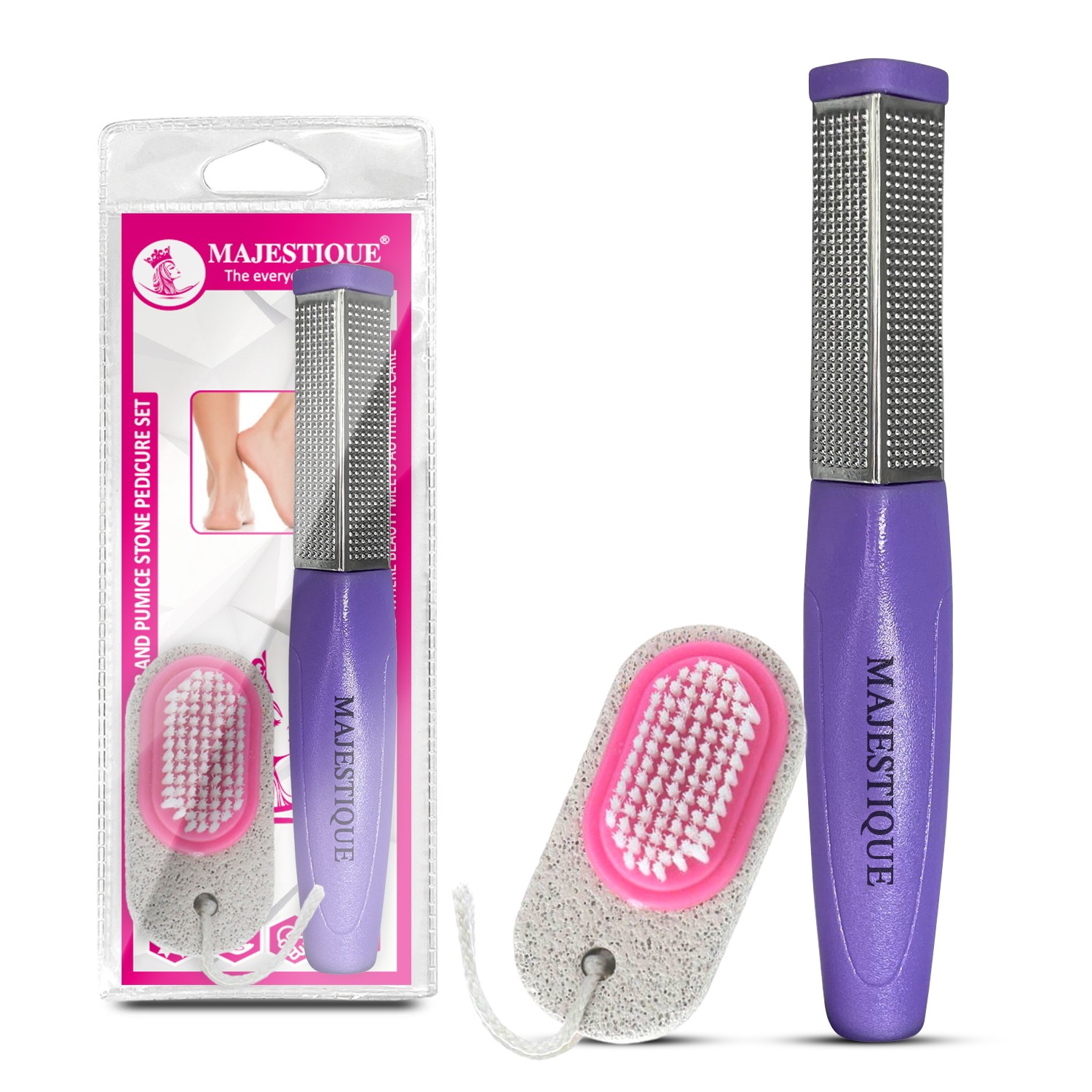 Majestique Foot Scraper and Pumice Stone Pedicure Set | Dual-Sided Foot Scraper for Heel Scrubber | Pumice Stone with Cleaning Brush | Lightweight and Easy to Use - 2Pcs/Multicolor