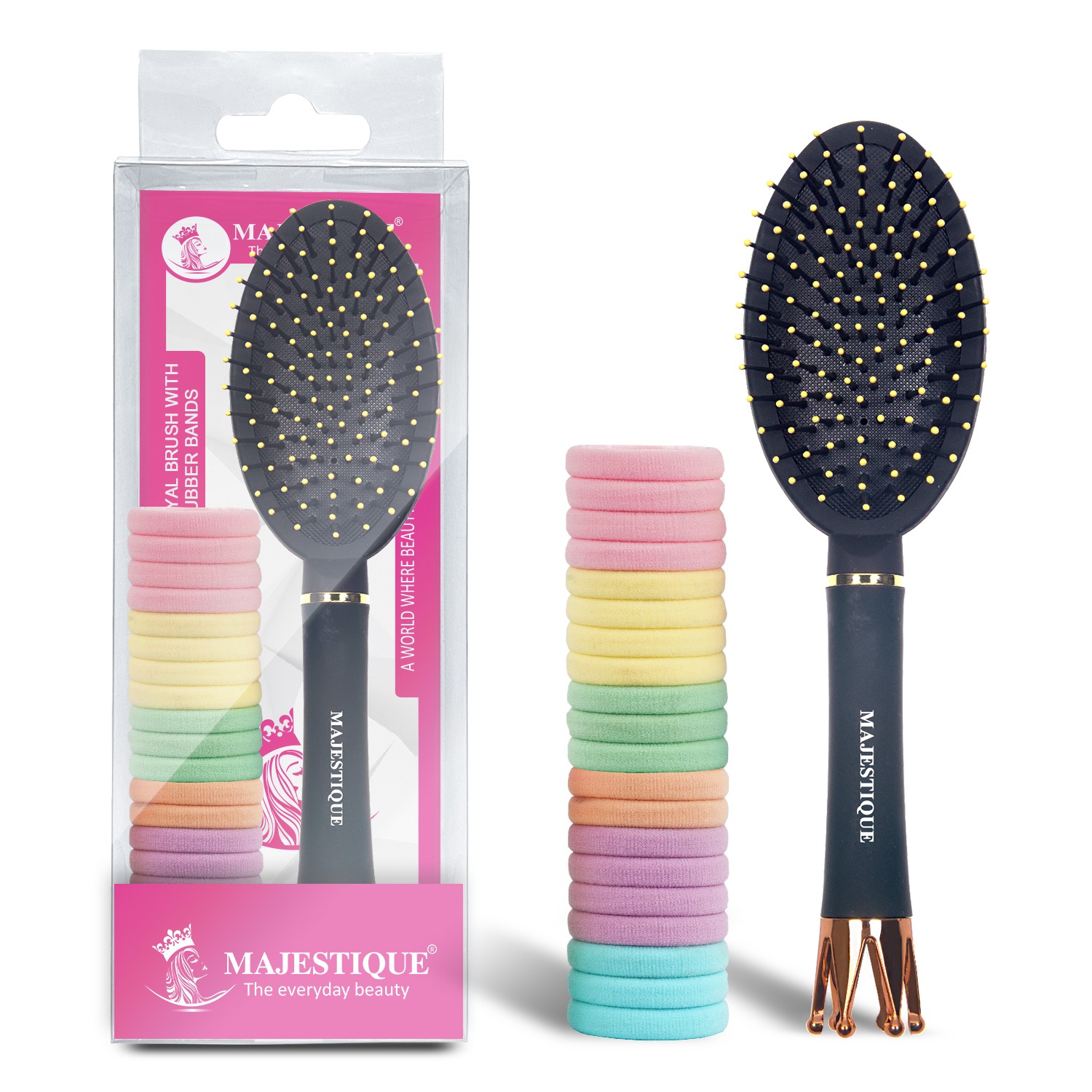 Majestique Oval Detangling Royal Brush with Ultra-Soft Bristles and 20 Colourful Stretchable Rubber Bands | Maximum Comfort, Easy Detangling | Unique Crown Handle - Pack of 2