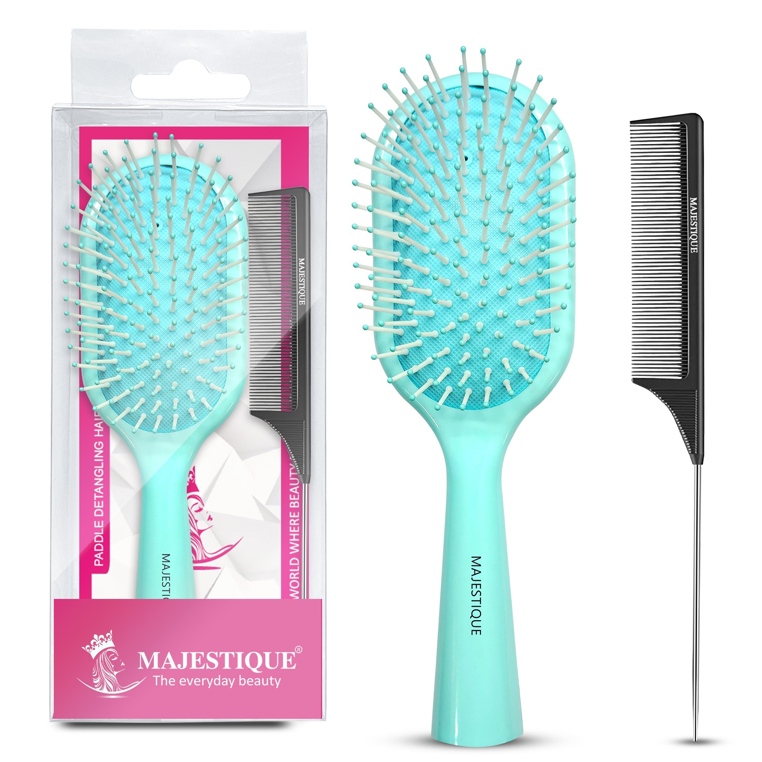 Majestique Paddle Detangling Hair Brush with Tail Comb | Anti-Slip Handle, Detangling for All Hair Types | Scalp Massage, Flat Hair Brush for Women & Men - 2Pcs/Multicolour