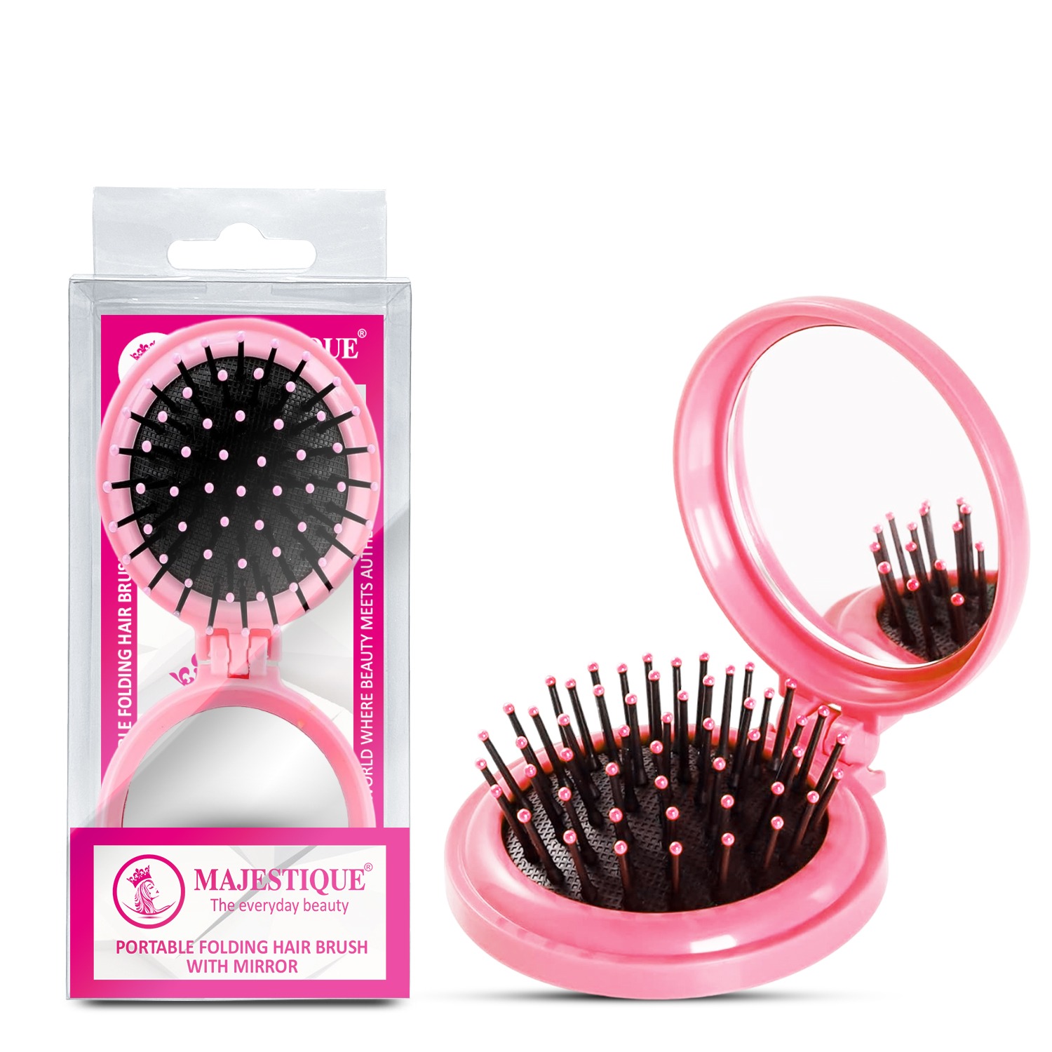 Majestique Portable Folding Hair Brush with Mirror | Mini Air Cushion Massage Comb | Cute Pocket-Sized Accessories For Women, Girls or Travel Essential - 1Pc/Multicolor