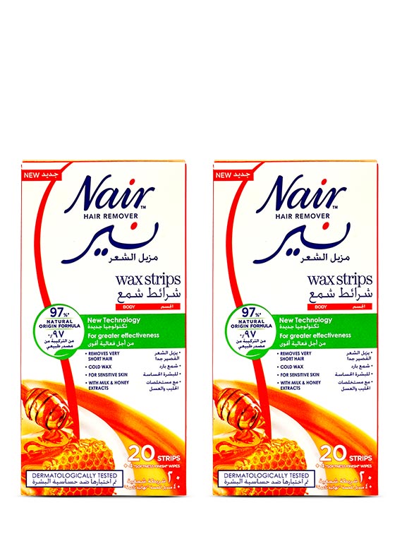 Nair body Hair Removal Cold Wax Strips With Milk And Honey Extract - 20 Strips & 4 Finishing Wipes, Pack of 2