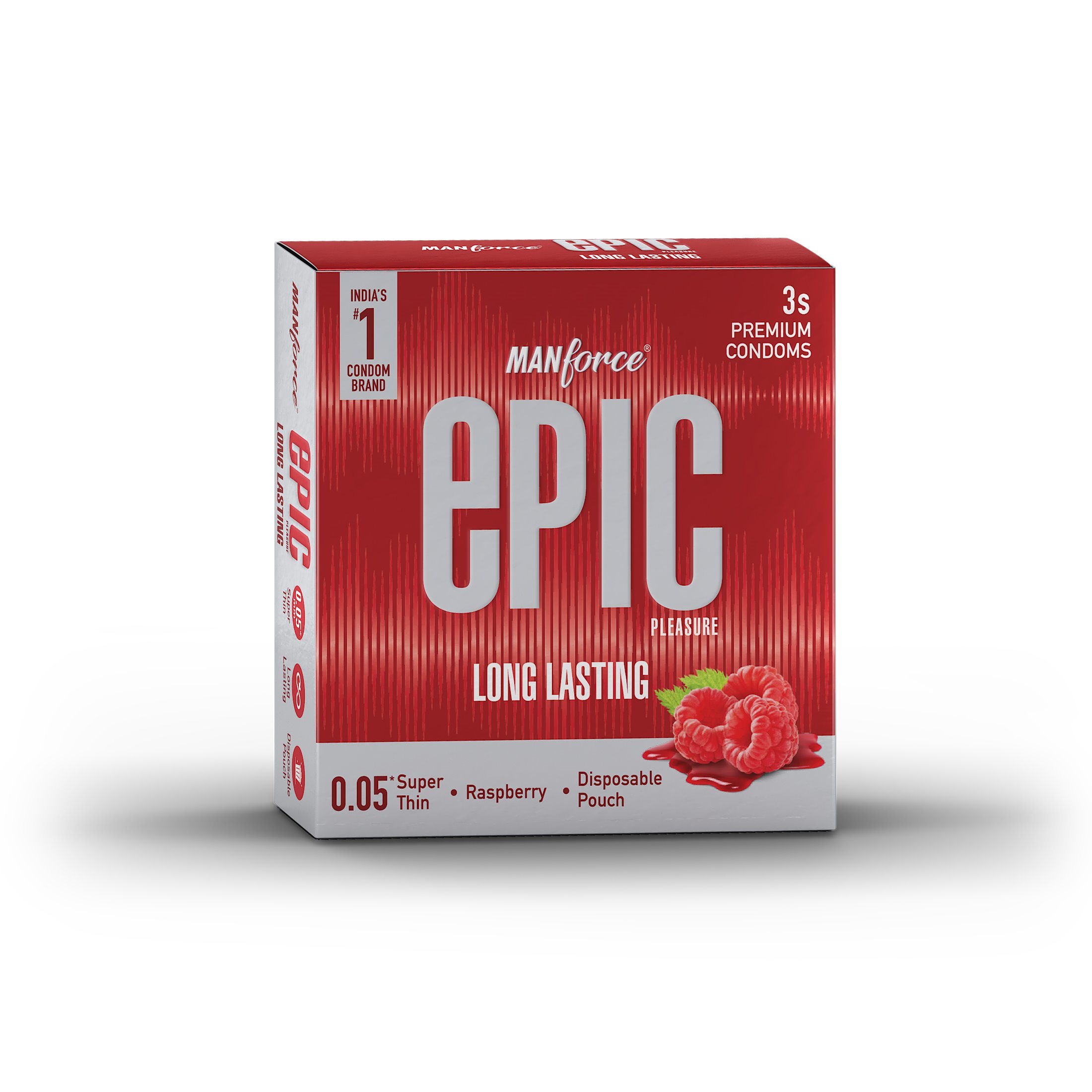 Manforce Epic Pleasure Long Lasting Premium Condom for Men, Super Thin, Raspberry Flavour, Disposable Pouch (3 Counts)