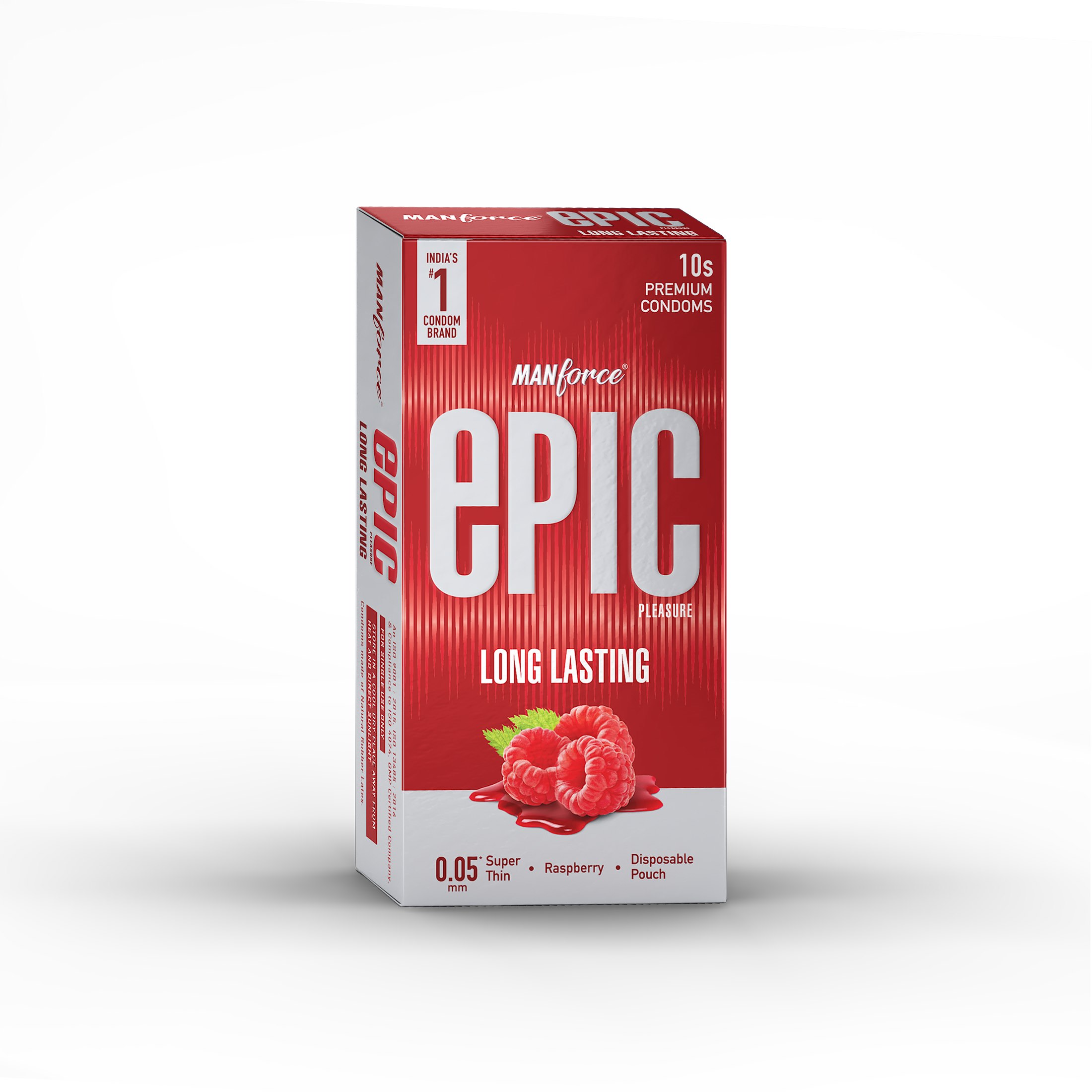 Manforce Epic Pleasure Long Lasting Premium Condom for Men, Super Thin, Raspberry Flavour, Disposable Pouch (10 Counts)
